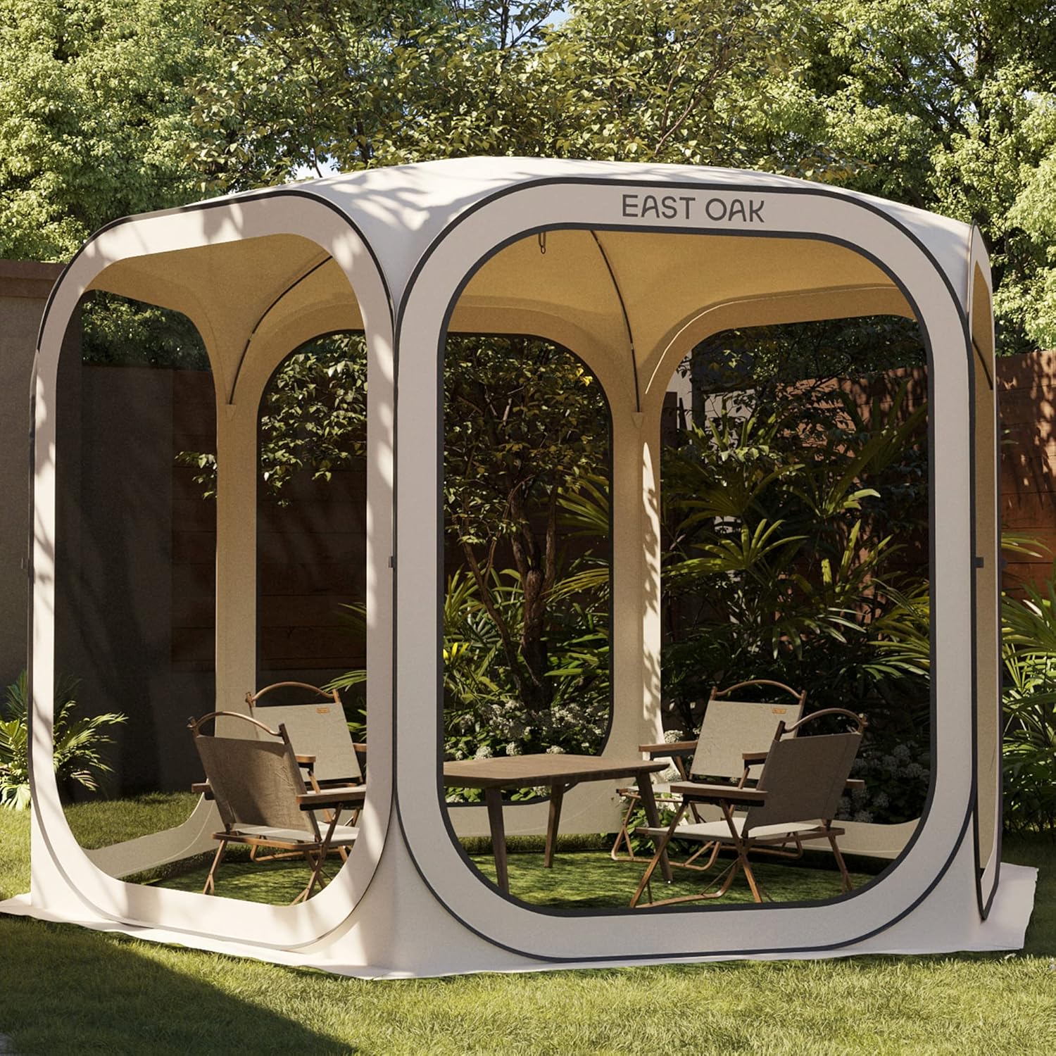 EAST OAK Pop-Up Kerti Pavilon Sátor, Hordozható Árnyékoló Instant Kerti Sátor, 3 x 3 M-es, Hordtáskával Teraszra, Háztáji Udvarra, Fedélzetre és Szabadtéri Tevékenységekhez, Bézs