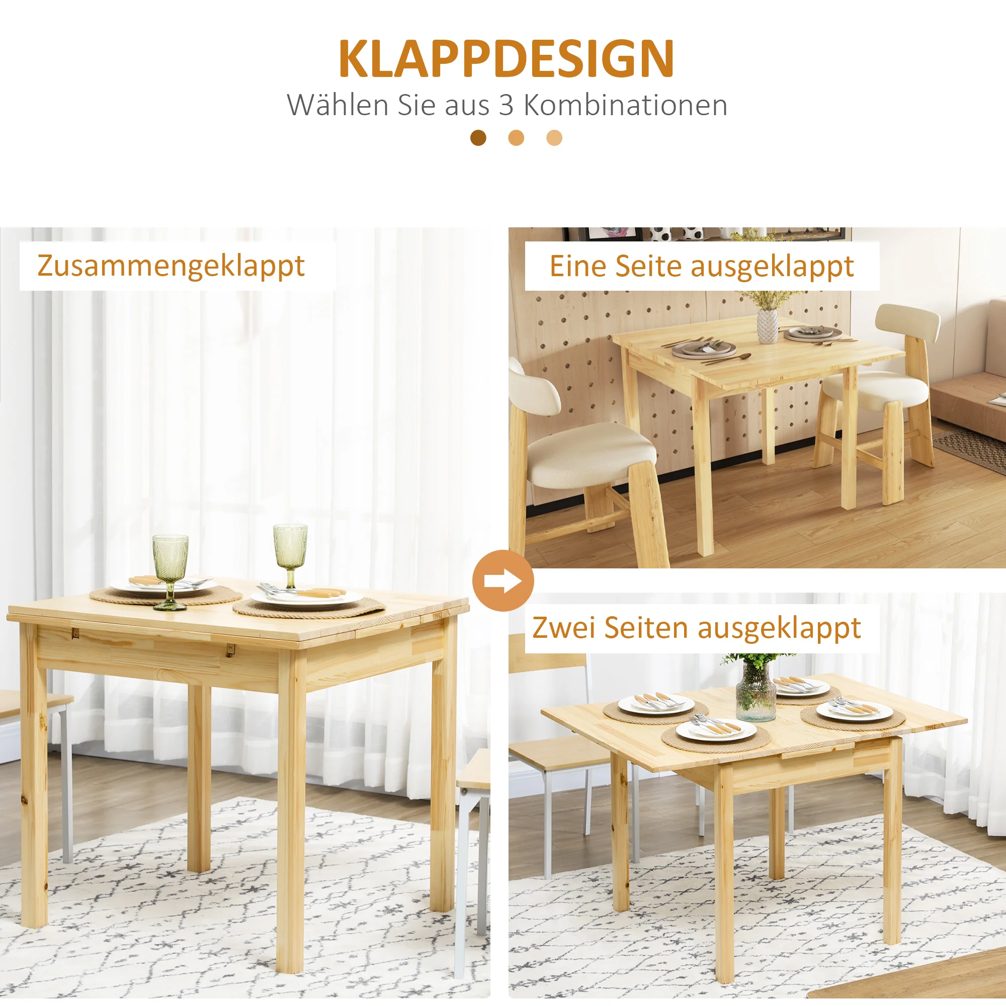 HOMCOM Massief houten eettafel, opklapbare tafel, uitbreidbaar, naturel