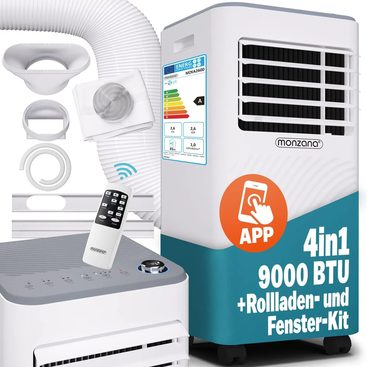 Monzana® mobil klímaberendezés MZKA2000 elszívótömlővel, 7000 BTU, 3 az 1-ben, 750W, 24 órás időzítő, 25 nm, távirányító, páramentesítő, redőnyszett, légkondicionáló