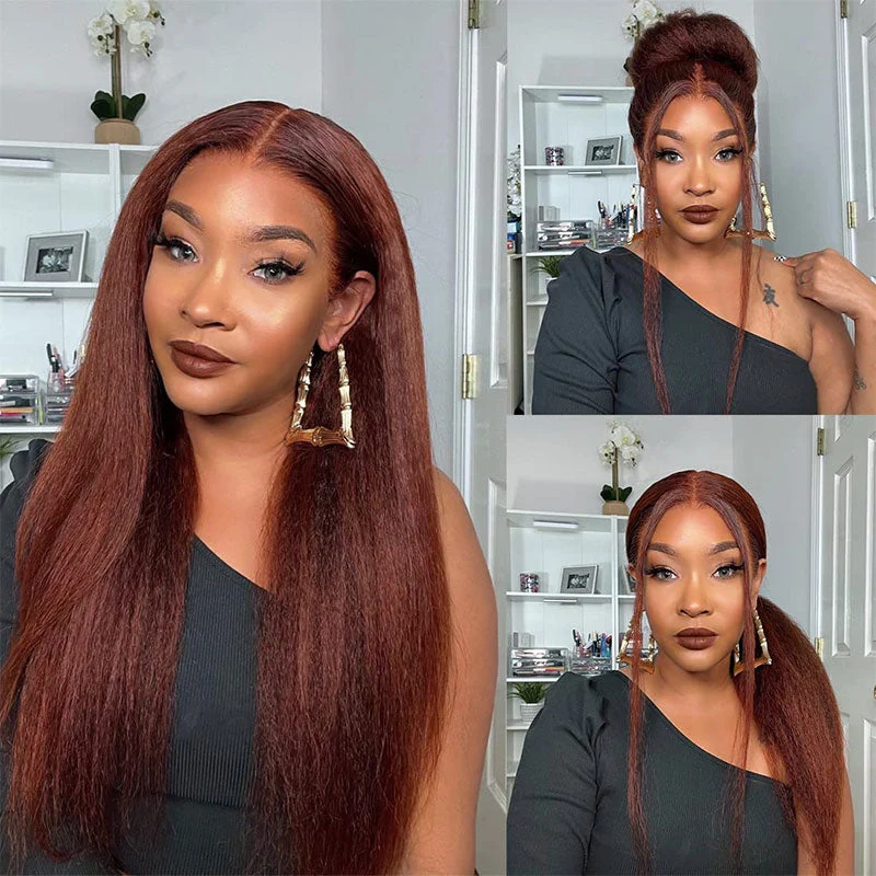 Clearance 5x5 Kinky Straight Reddish Brown Lace Closure Wig Human Hair Auburn Copper Color for Women