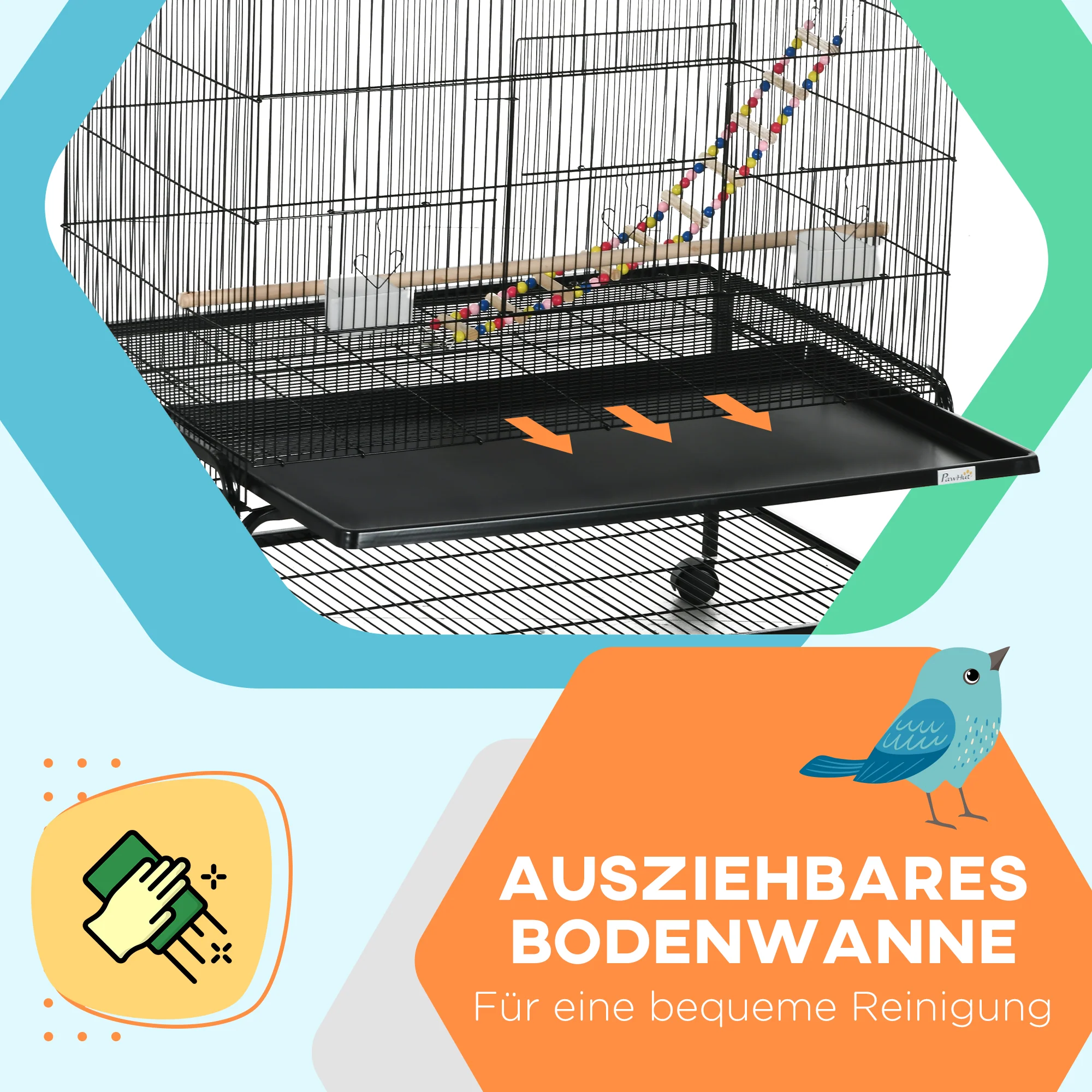 PawHut Vogelkooi inclusief Zitstokken, Vogelspeelgoed, Uitneembare Bodemlade, Zwart