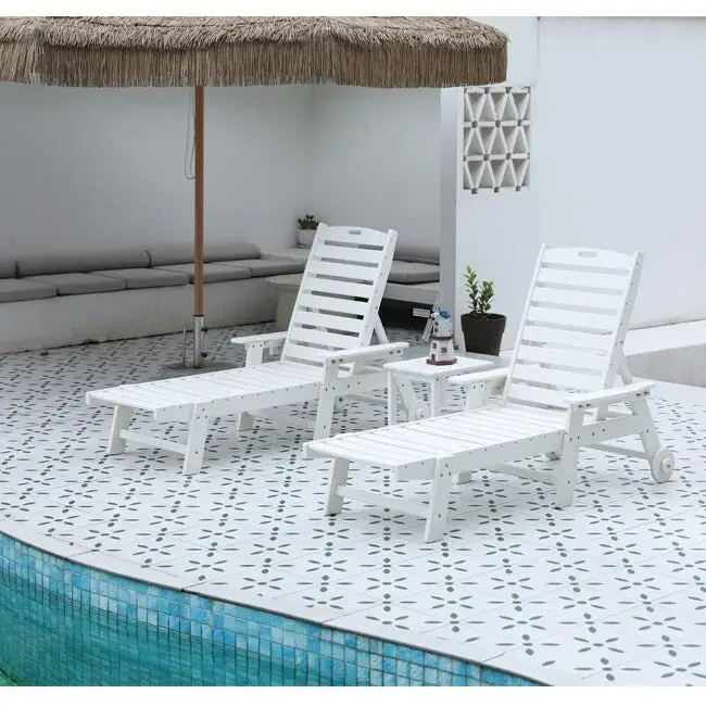 3-Piece Patio Set  2 Oversized Chaise Lounges (5-Position, Wheels, Cup Holder) + Side Table, All-Weather Wood Texture.