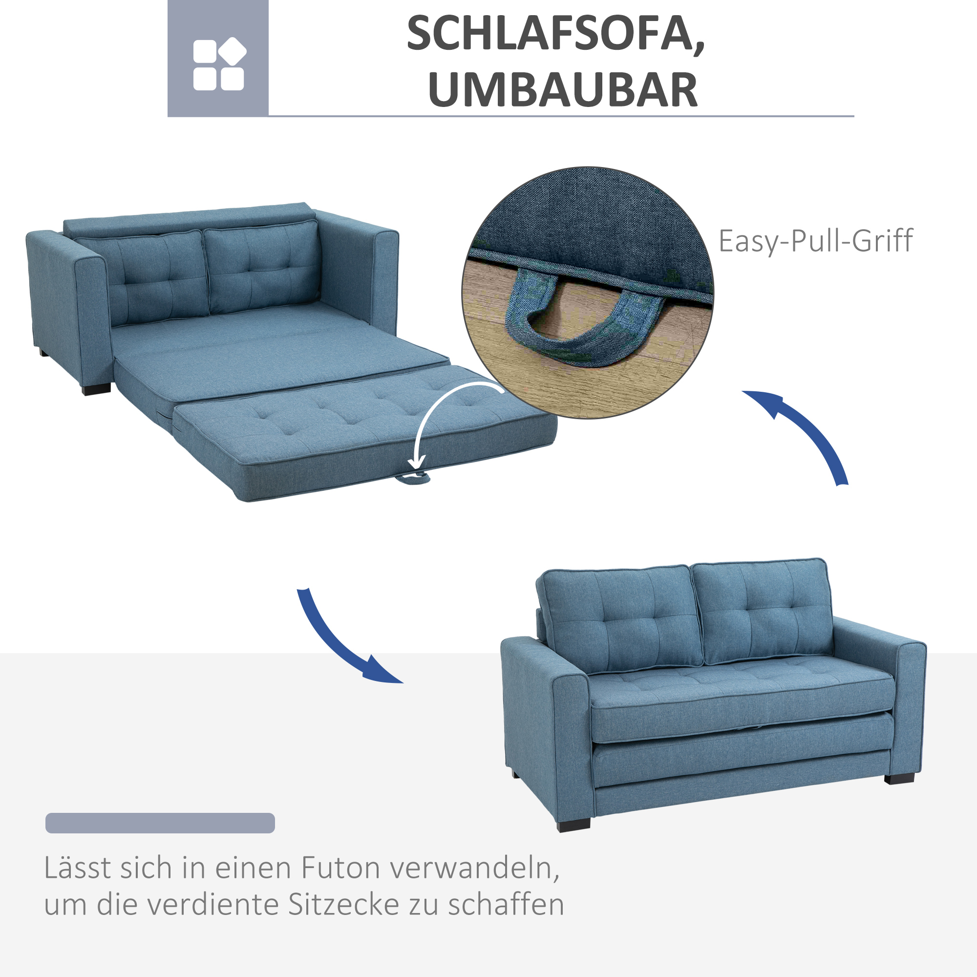 HOMCOM slaapbank, opklapbare sofa 2-zits, stoffen slaapbank, sofa met slaapfunctie, linnen touch, rubber hout, blauw, 147.5 x 75 x 85 cm