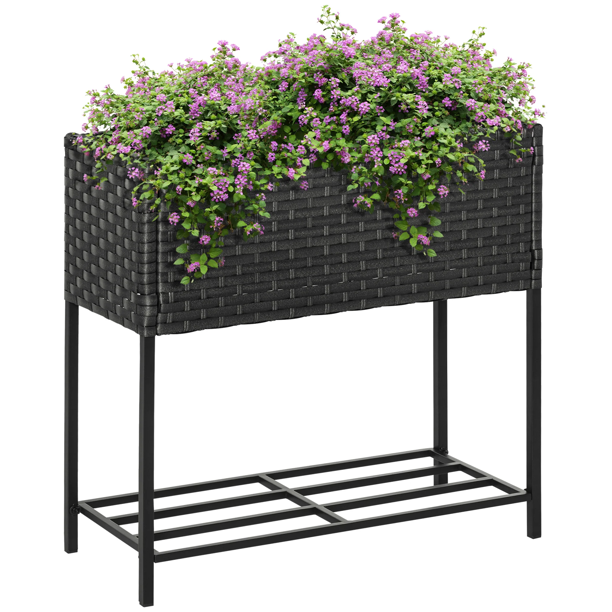 Outsunny Hochbeet Pflanzkübel rückenschonend mit Ablage Poly-Rattan