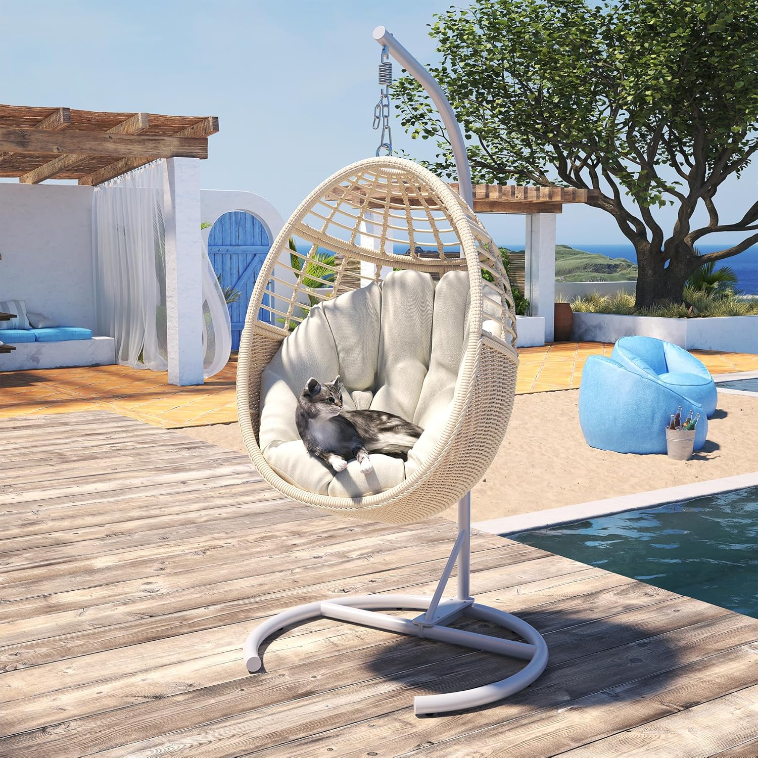 Korb Hängesessel mit Gestell: Wetterfestes Handgeflochtene PE-Rattan Schwebesessel mit Standfuß, Outdoor Indoor Schaukelstühle mit Polsterung für 150KG Terrasse Balkon Garten Schlafzimmer, Beige