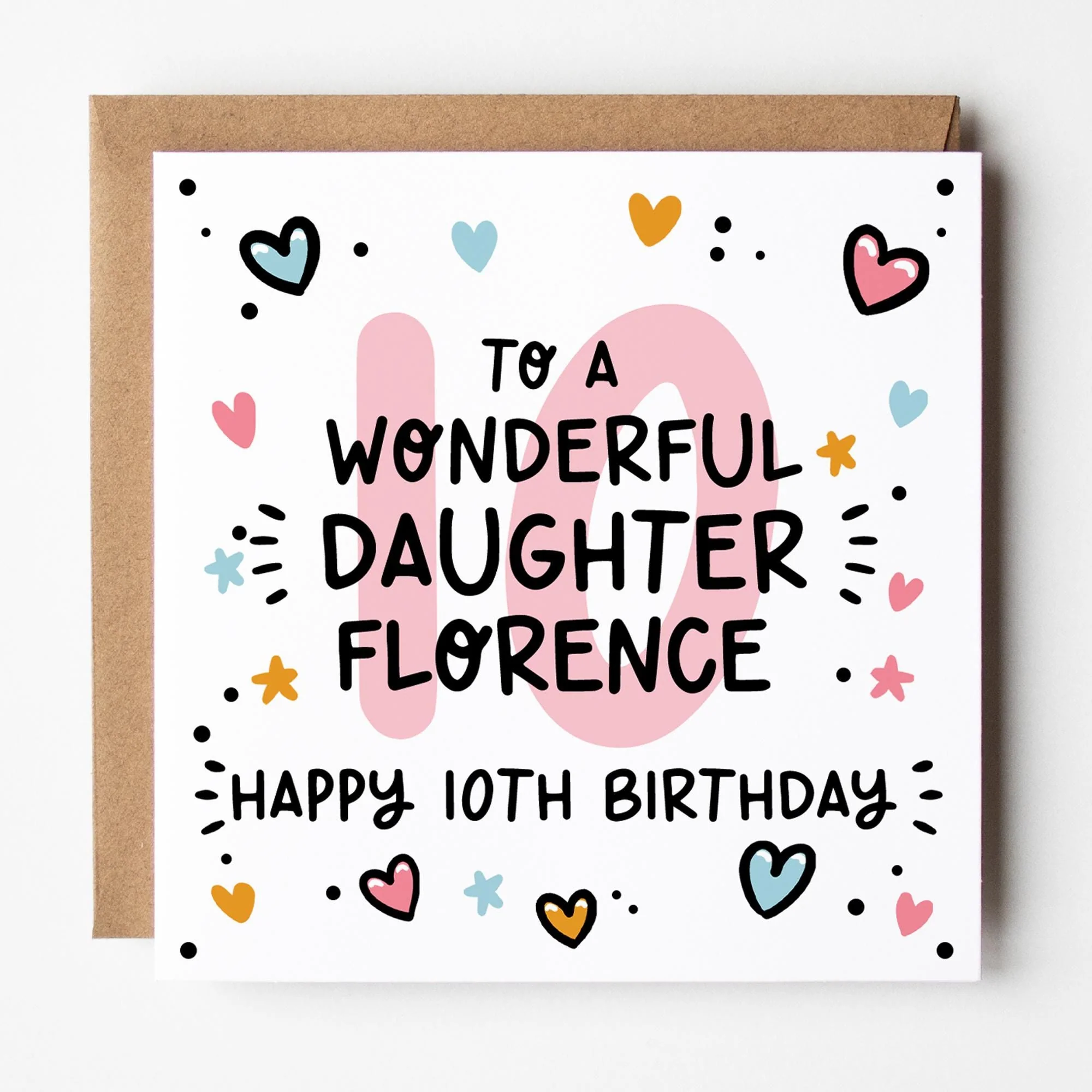 10th Birthday Card Daughter, Personalised Girls Birthday Card with Kraft Envelope