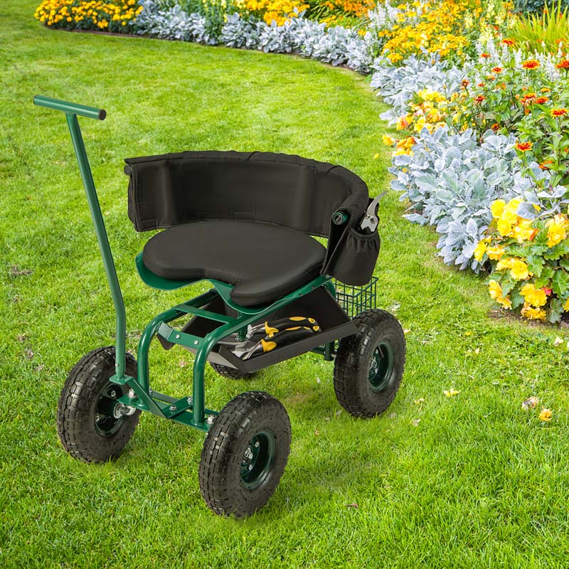 Green Rolling Garden Cart Workseat Garden Scooter with 360 Degree Swivel Cushioned Seat & Tool Storage, 2 Steering Handles