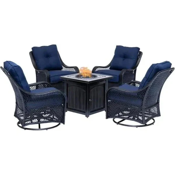 2025 5-piece steel patio fire pit seating set with navy blue cushions, swivel gliders and square fire pit table