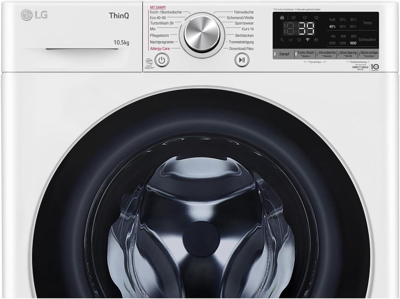 LG F4WV7080, Klasse A, Frontlader-Waschmaschine 8 kg, 1400 U/Min, AI Direct Drive, Wi-Fi, Tiefenreinigung mit Dampf, Große Kapazität, TRIPLE A, Außentür aus Sicherheitsglas, 62 x 60 x 85 cm ꟷ Weiß