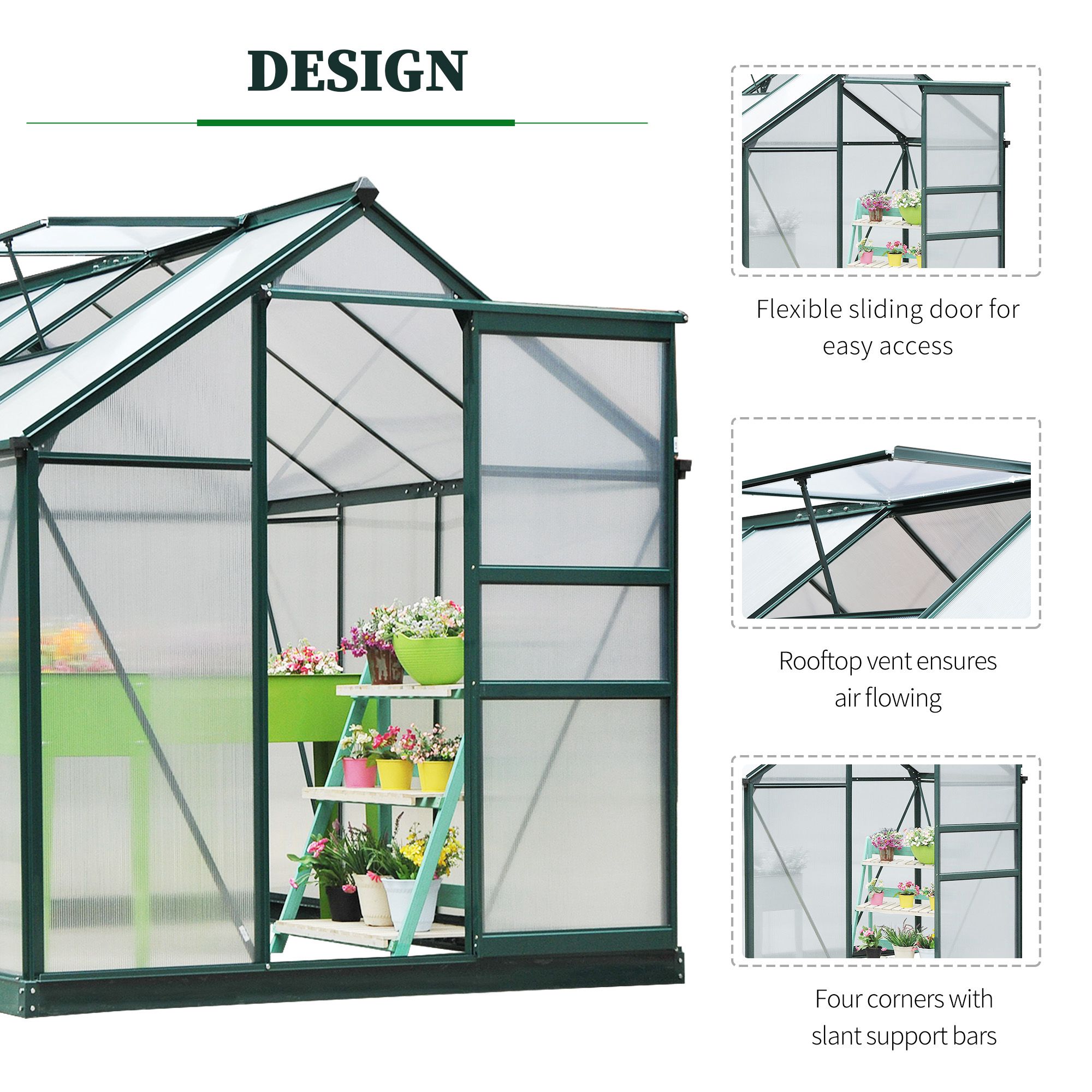 Outsunny kas met polycarbonaat behuizing en dakklep, 190x 252 x 201 cm