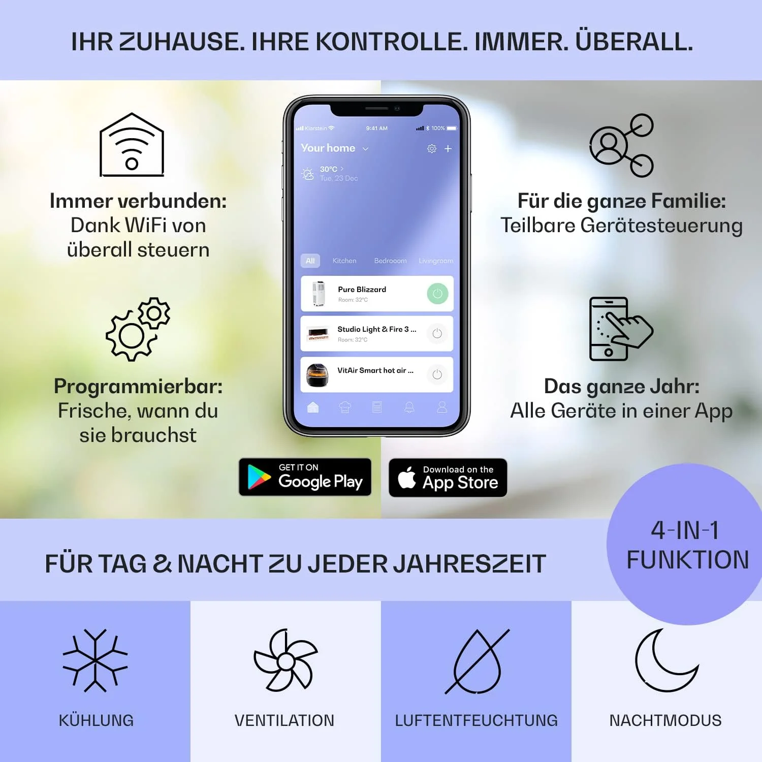Klarstein Mobiele Airco met Afvoerslang, 3-in-1 Airconditioner met Ventilator & Luchtontvochtiger, Kleine & Draagbare Airco voor Thuis & op Kantoor, met Nachtmodus & App-bediening, 7000 BTU