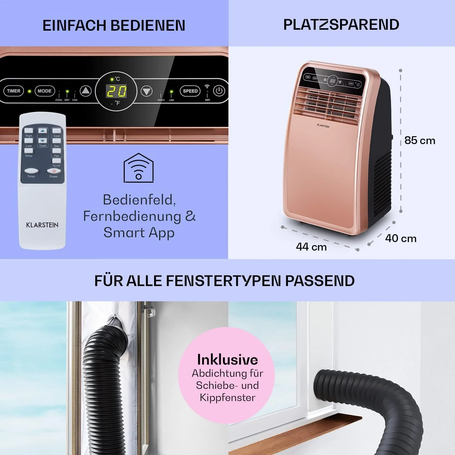 Klarstein Mobile Klimaanlage mit Abluftschlauch, 4-in-1 Klimagerät mit Ventilator, Luftentfeuchter & Nachtmodus, Kleine & Portable Klimaanlage für Wohnung & Büro, Niedriger Verbrauch, 9000 BTU