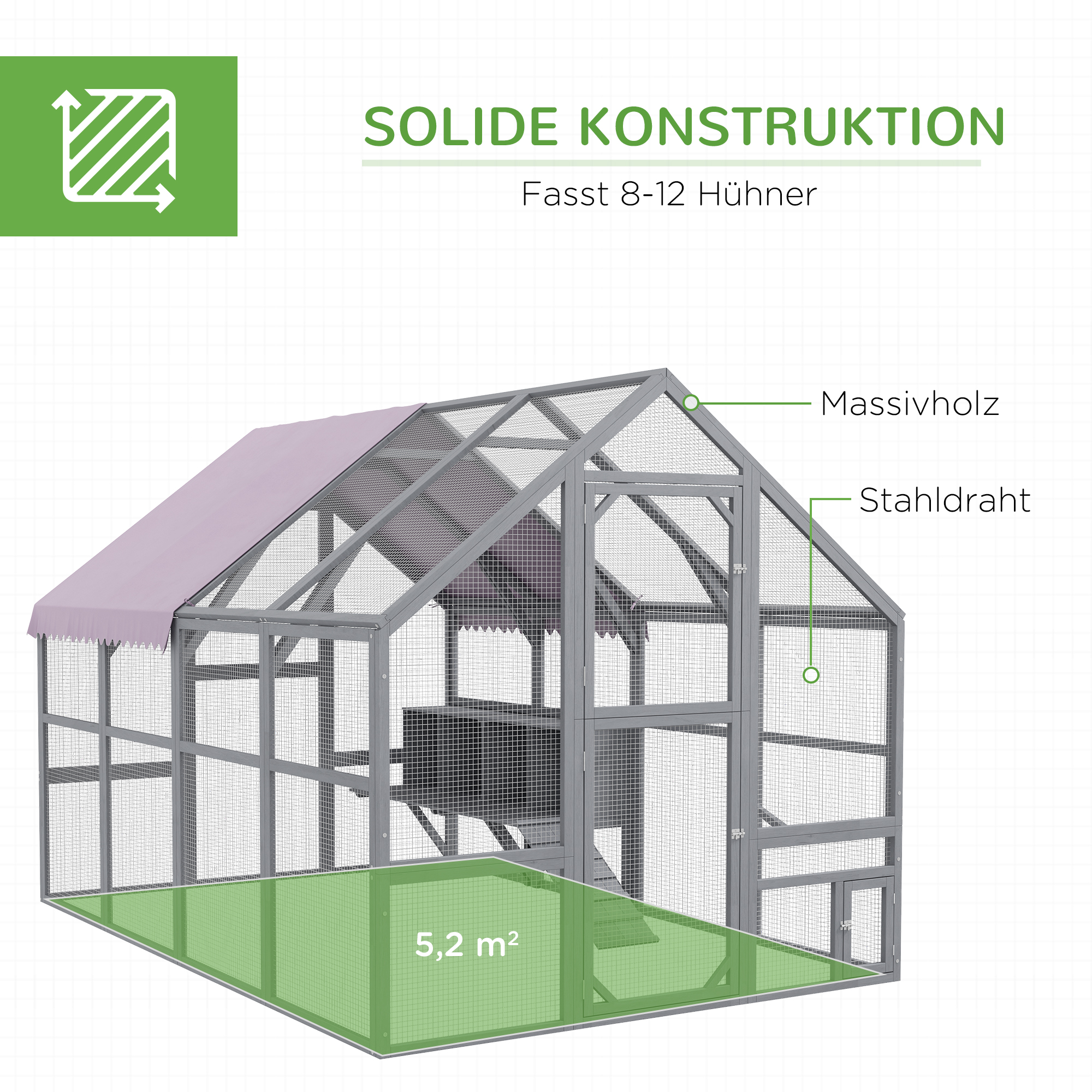 PawHut Kippenren Kippenhok Kippenhuis, toegankelijk, weerbestendig, 280 x 185,5 x 188 cm, Grijs