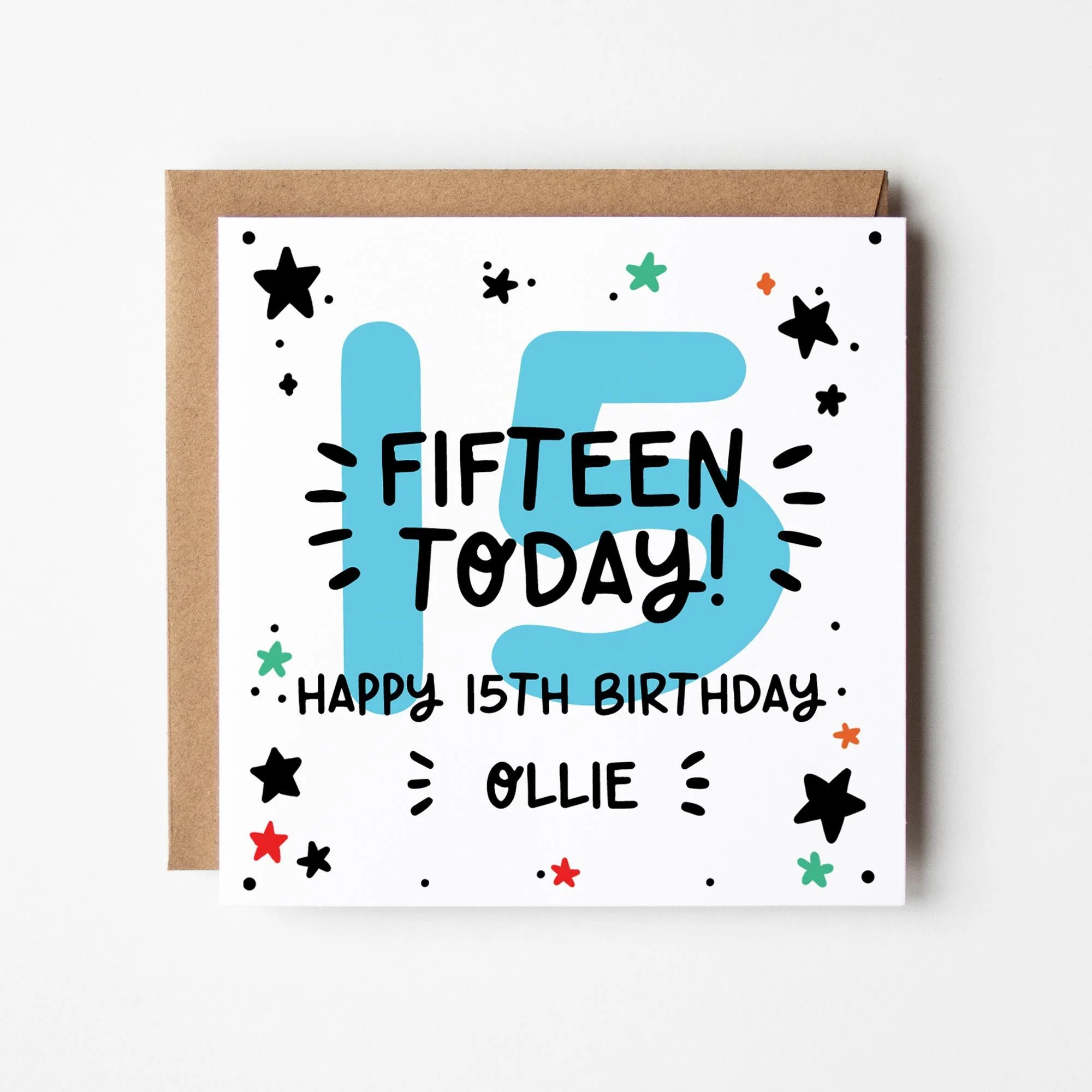 Personalised Birthday Card, 11th to 15th Birthday Number Card with Kraft Envelope