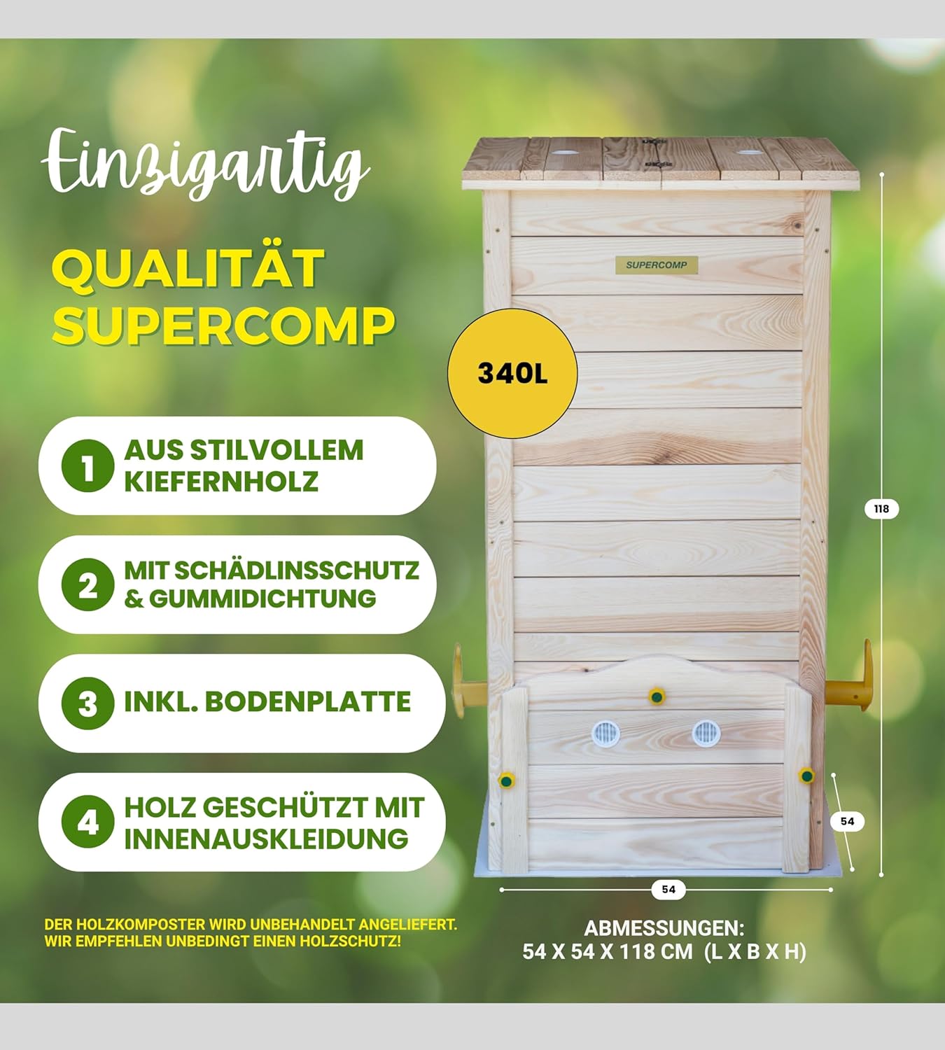 Holz Komposter Rattensicher mit Deckel, Schädlingsschutz, Durchlüftungsgitter und Boden, Gleit-Technik Kompostieren ohne üblen Gerüche, kein Umsetzen mehr, 340 L