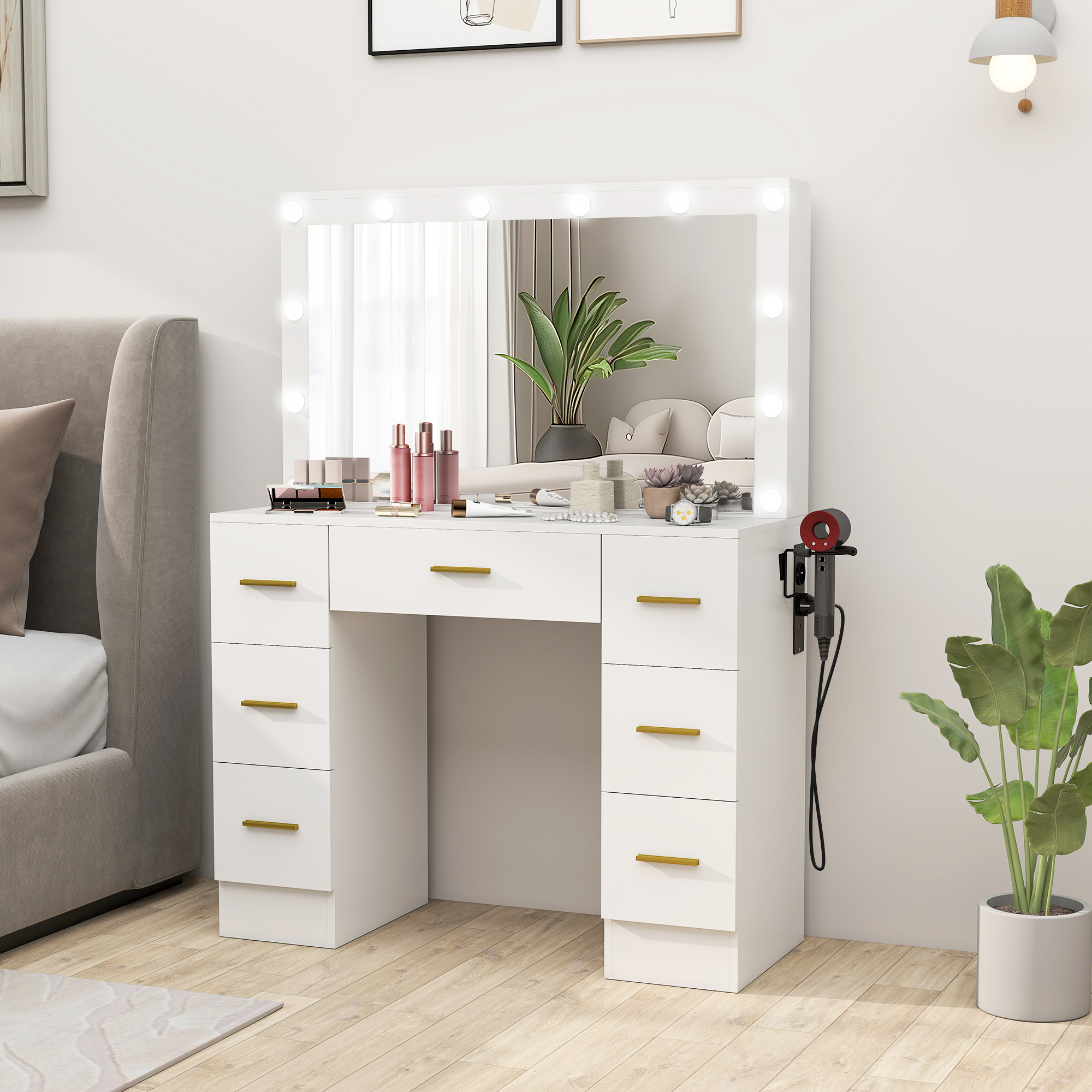 HOMCOM Kaptafel met Spiegel en 12 LED-lampen, Friseurtafel met 7 Lades, 6 Verborgen Opbergvakken, Spaanplaat, Wit