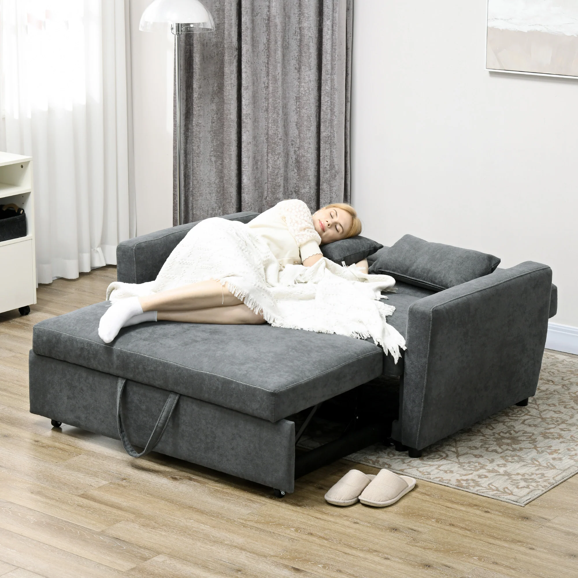 HOMCOM Uitklapbare slaapbank, 2-zits, tot 200 kg, Houten frame, 155x90x88,5cm, Donkergrijs