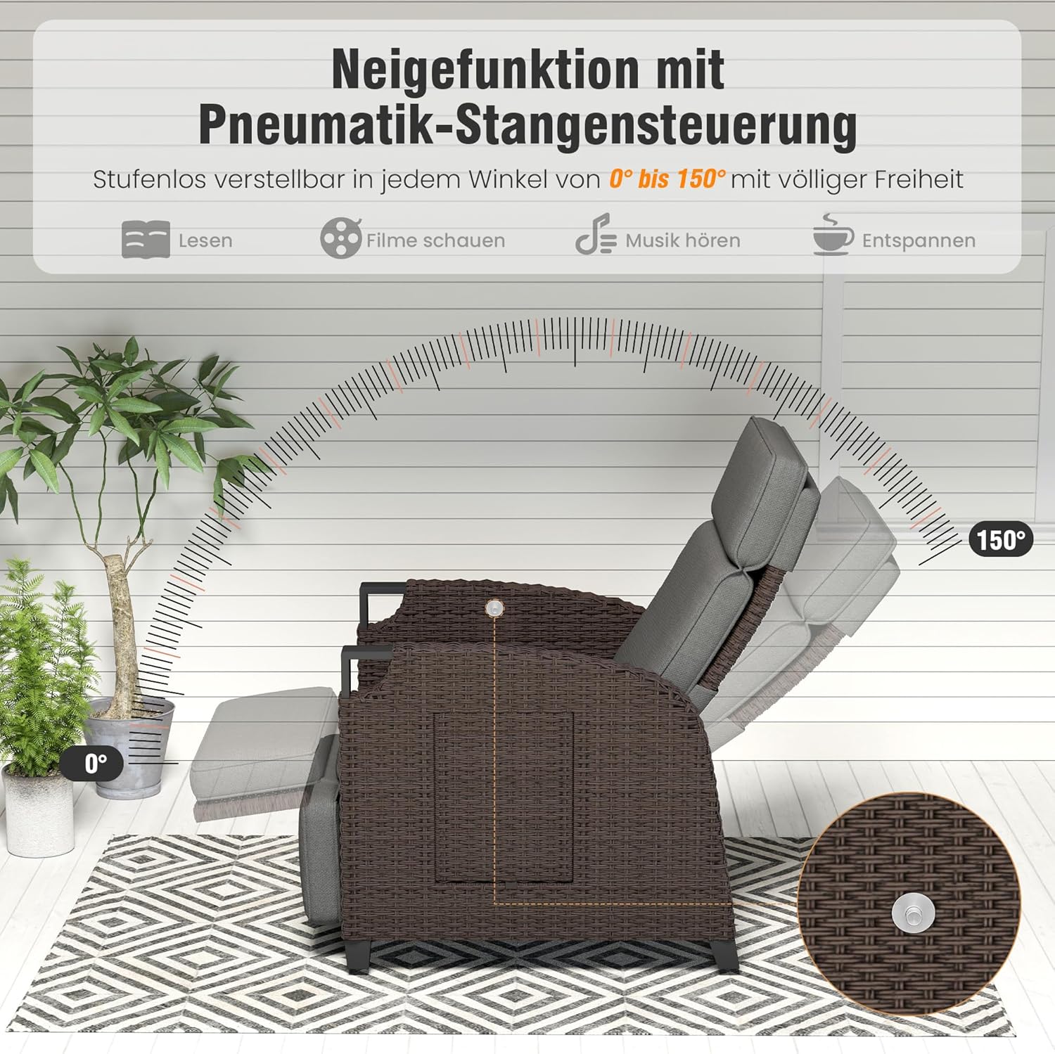 Amopatio Relaxliege Liegesessel, Rattan Sonnenliege mit Verstellbar Rückenlehne und Klapptisch, Outdoor Gartensessel wetterfestes, für Terrasse, Garten, Balkon – Grau & Braun