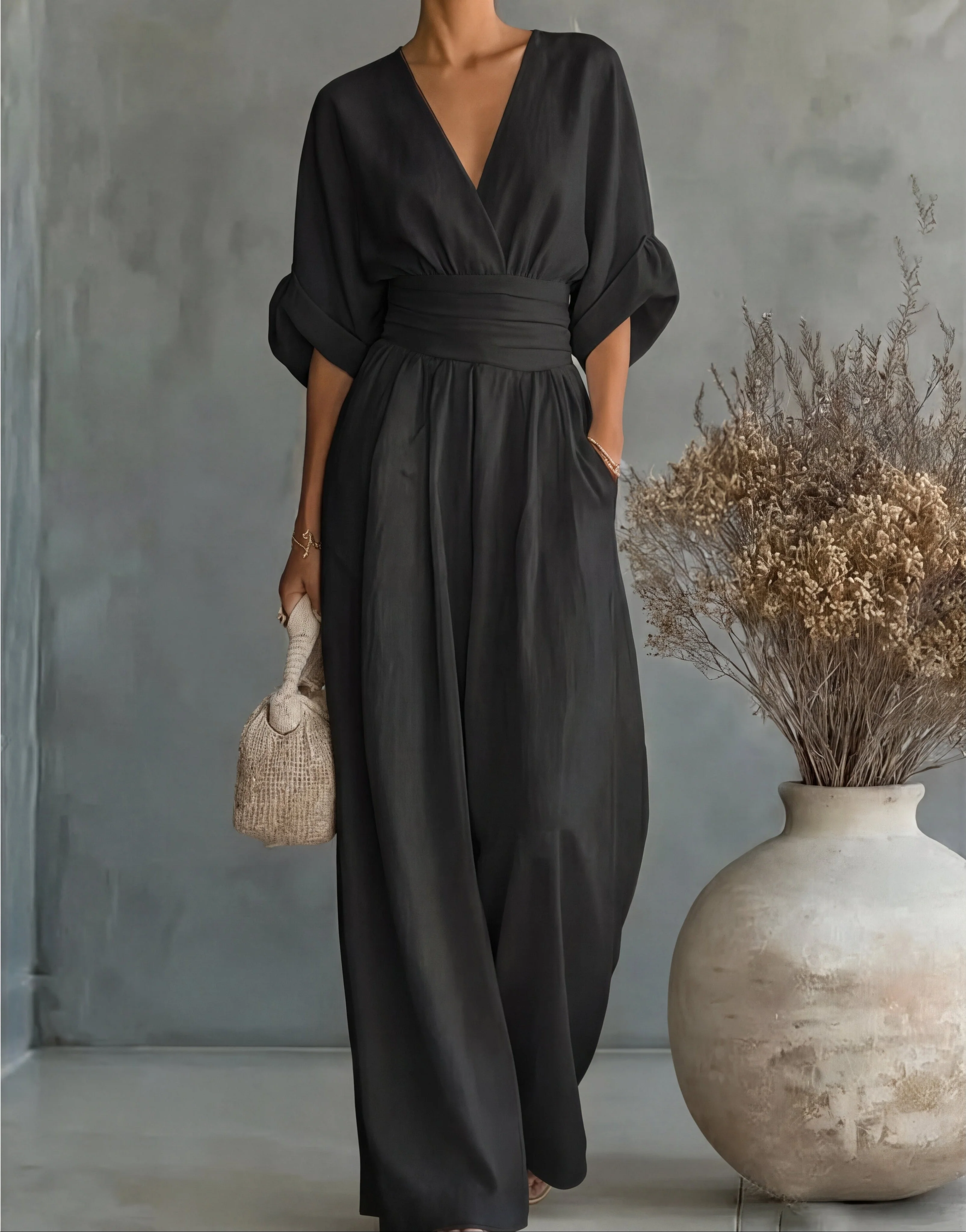 Women��s Elegant Wide-Leg Jumpsuit Wrap-Style Design