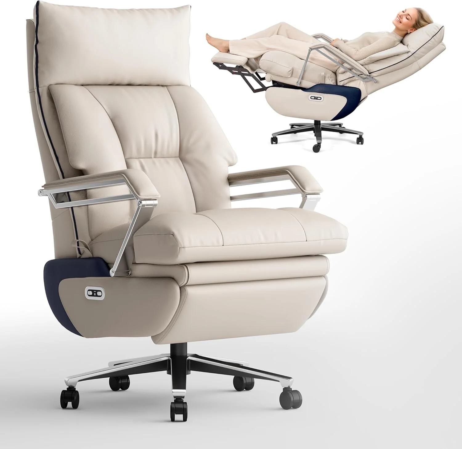 M80 executive chair with two motors and footrest, for tall and heavy people, up to 190 kg, beige