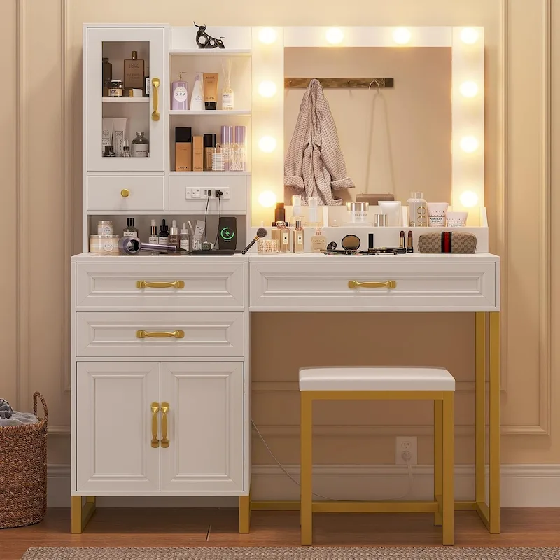 Vanity Desk Set 10 Hollywood Lights Mirror Bench Charging Station
