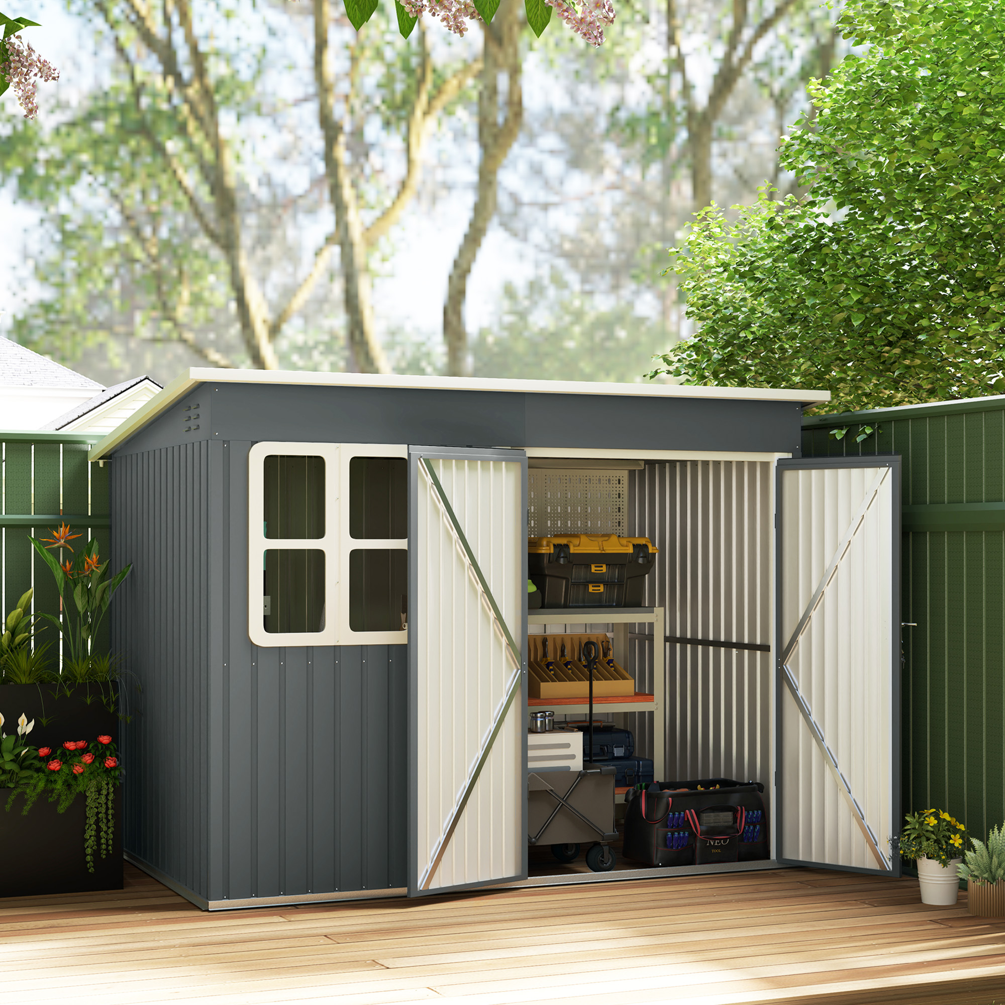 Outsunny Metalen Tuinschuur voor Opslag van Tuingereedschap, met Venster, Brede Deur, 260 x 177 x 190 cm, Donkergrijs
