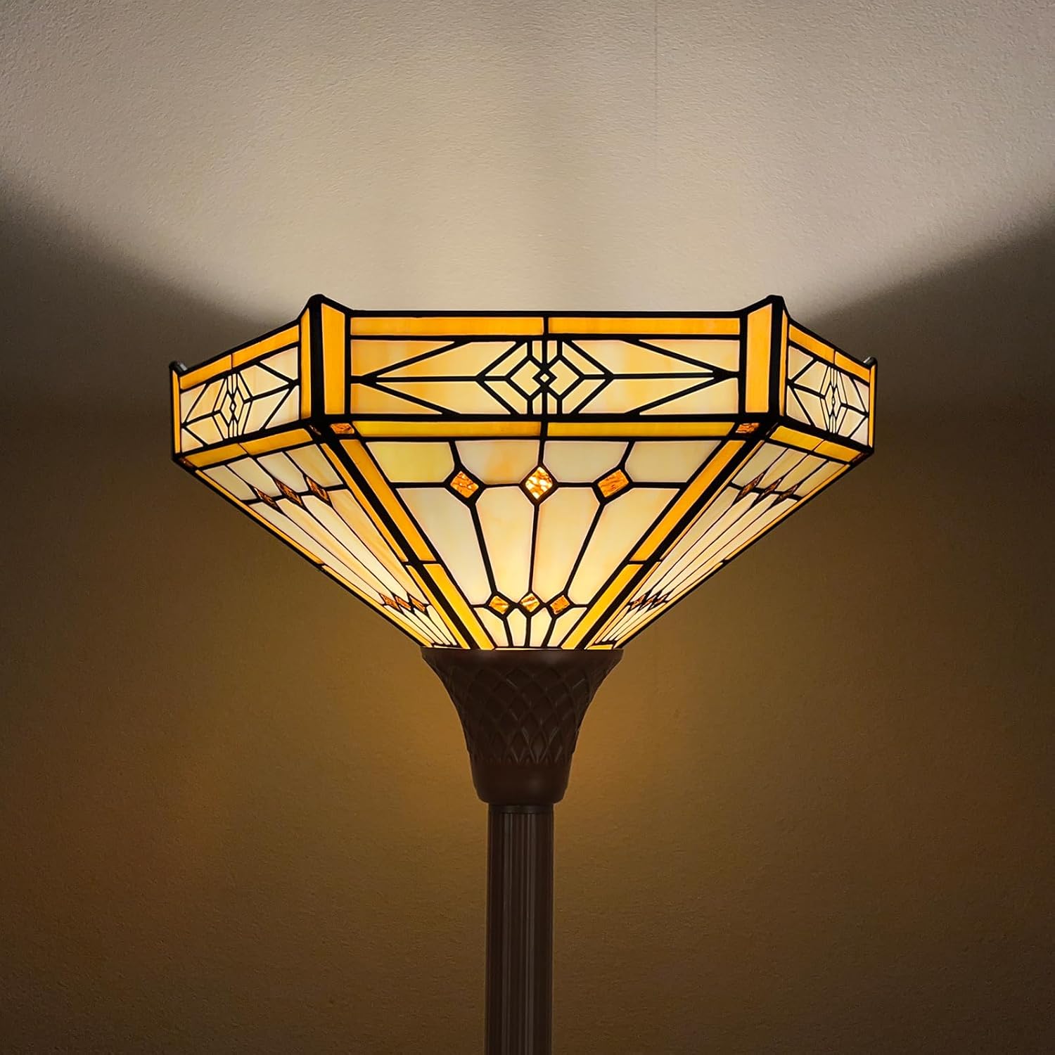 Capulina Tiffany Lamp Stained Glass Torchiere Floor Lamp 70 Inches Tall Industrial Bronze Pole Cream Hexagon Tiffany Style Standing Floor Lamp for Home Office Living Room Bedroom