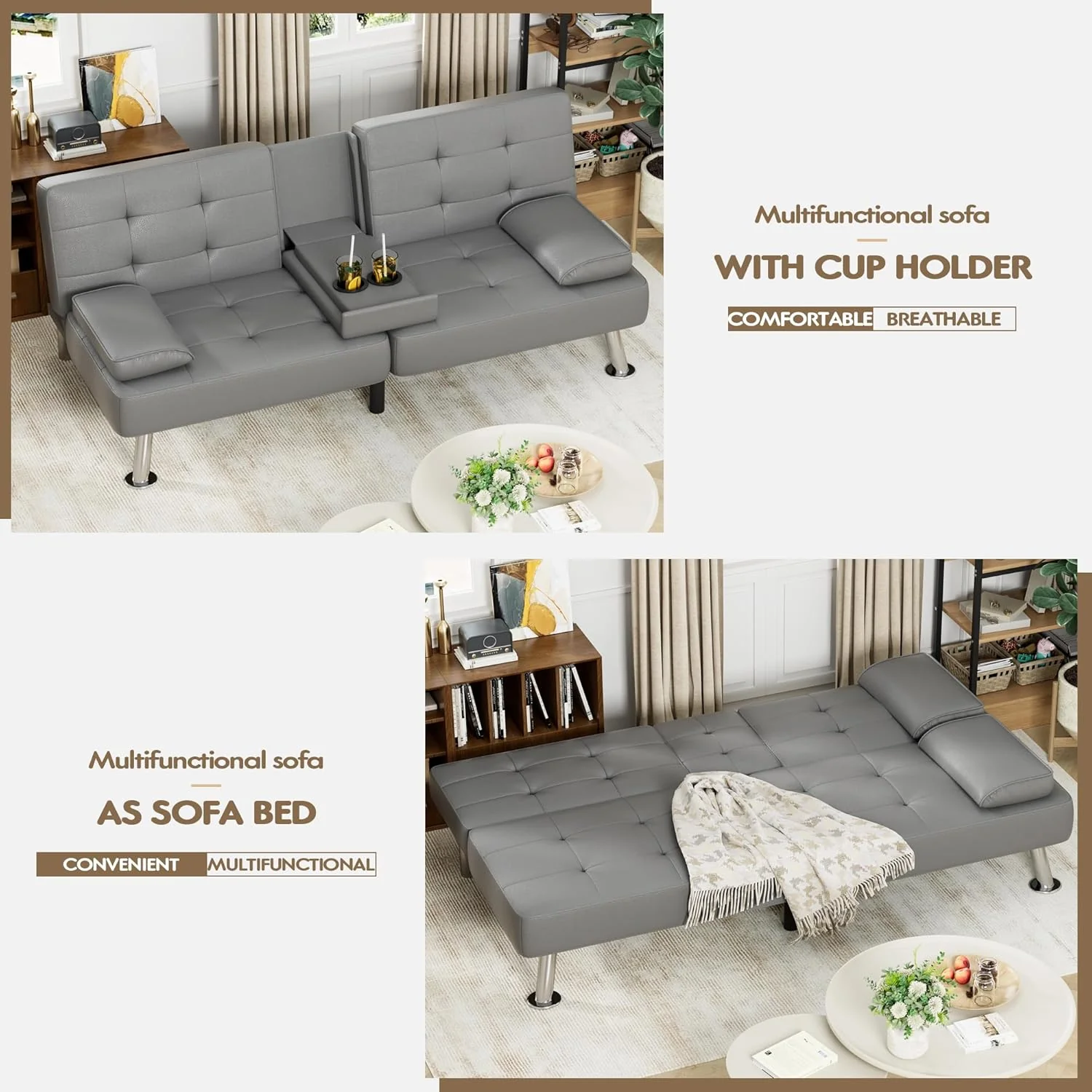 Homall Futon Sofa Bed Leather Futon Couch Removable Armrests Adjustable Recliner Sofa Bed