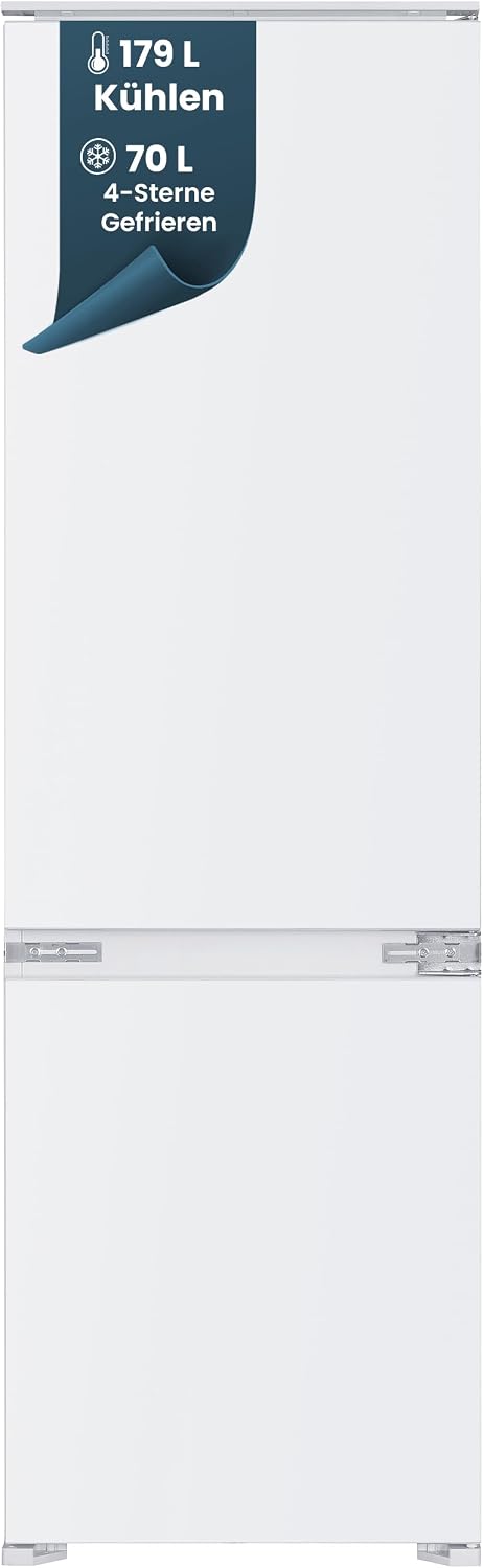 homeX CFB2491E Einbaukühlschrank mit Gefrierfach, Einbau Kühl Gefrierkombination, 178cm Nische - 249 Liter, Schlepptürtechnik, LED-Beleuchtung, leise 39 dB, Türanschlag wechselbar, 4-Sterne Gefrieren