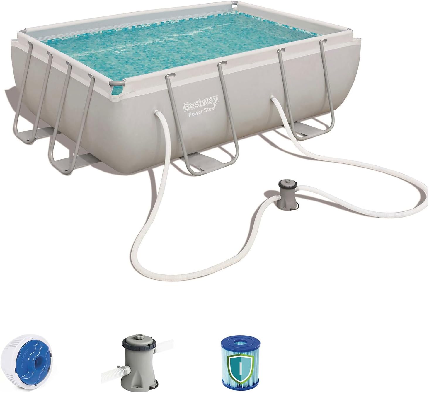 Bestway 56629| Power Steel - Piscine Hors-Sol rectangulaire, 282 x 196 x 84 cm, Pompe de Filtration et Distributeur Chemconnect Inclus