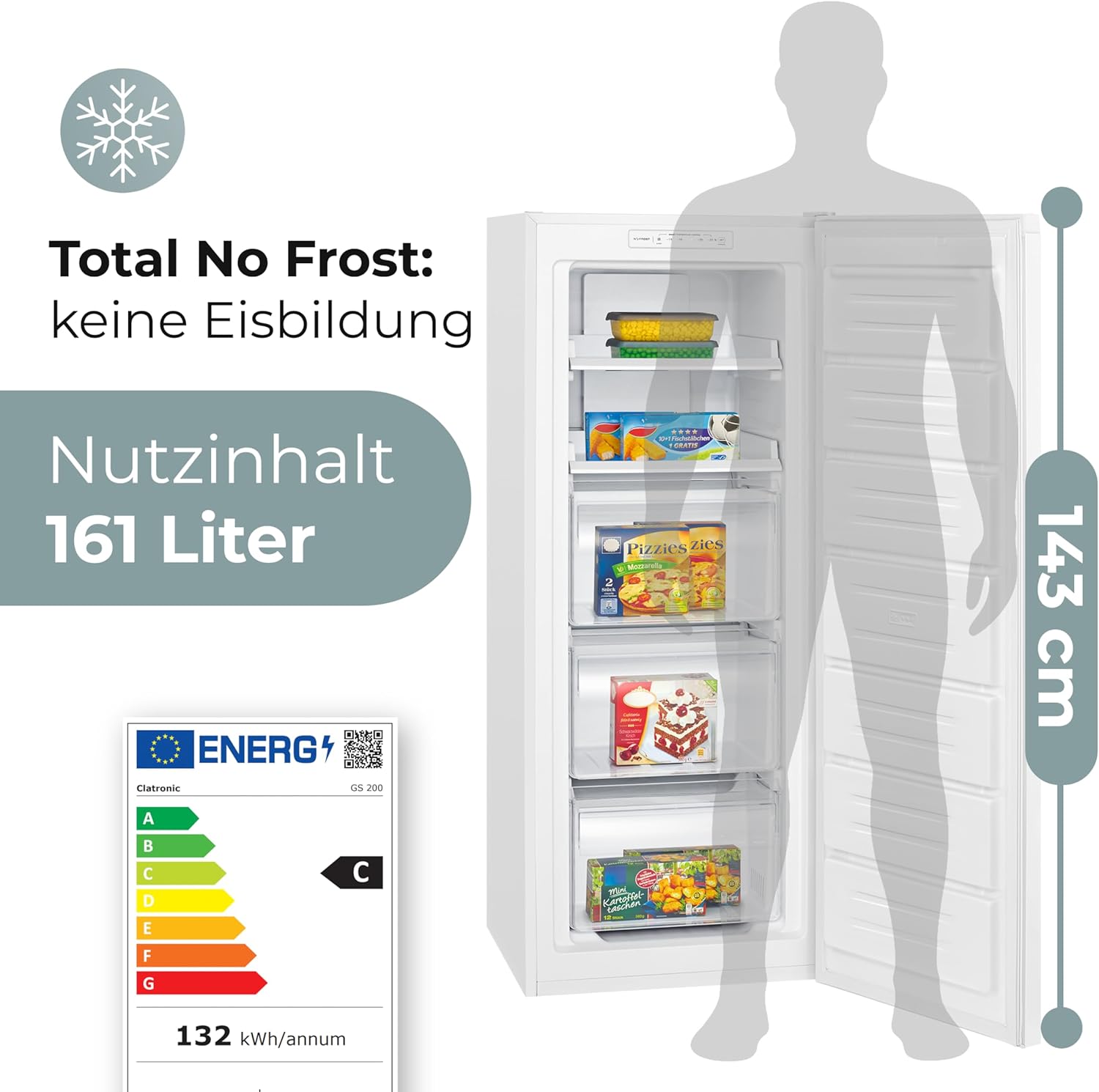Clatronic® Gefrierschrank Nofrost | Energieklasse C | 143cm | Tiefkühlschrank | MultiAirflow | leise 39dB | bis zu -18°C | Türanschlag wechselbar | 161L Freezer | Gefrierschrank gross GS 200 weiß
