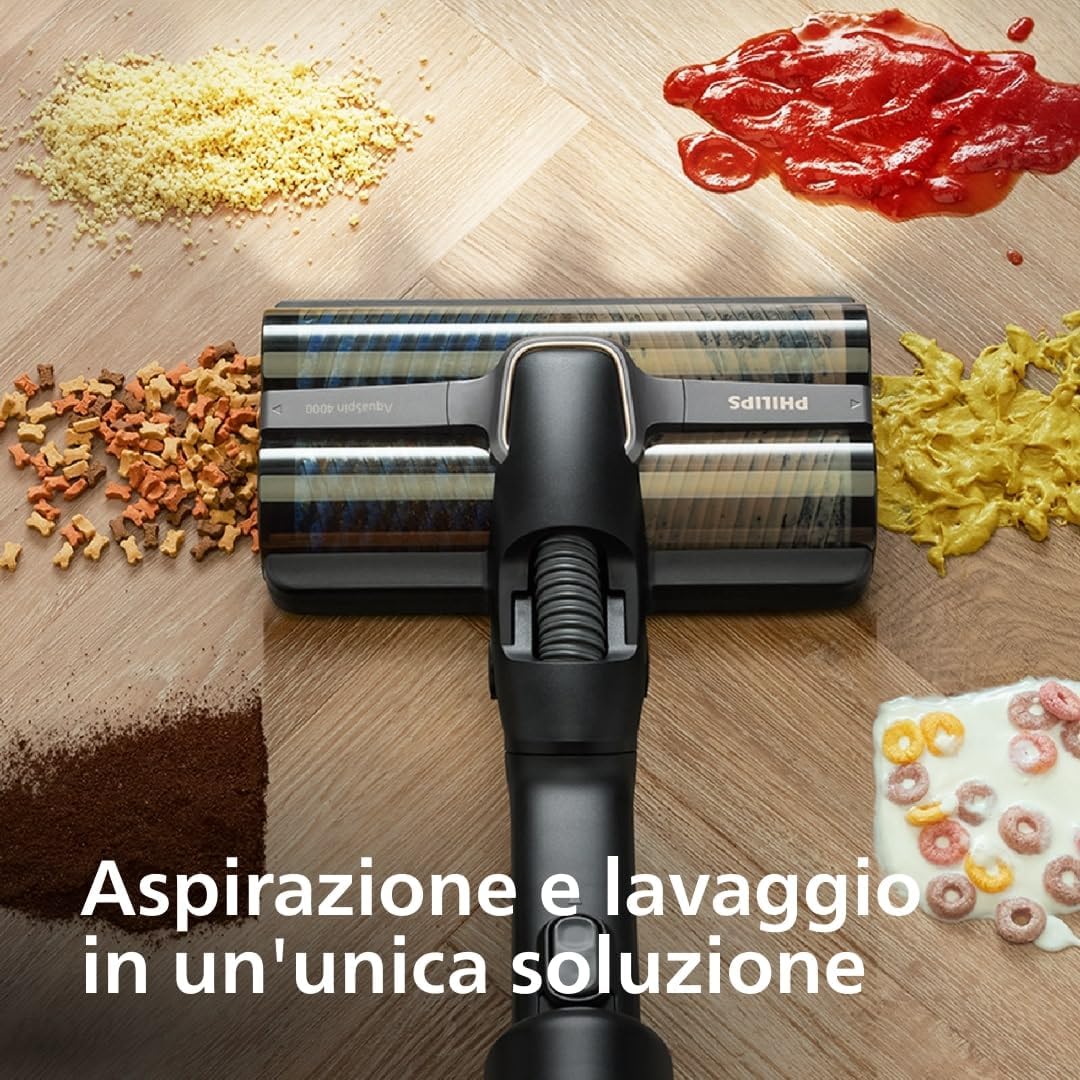 Philips AquaTrio 9000 Aspirapolvere Lavapavimenti Senza Fili, Aspirabriciole, per Polvere, Macchie, Liquidi e Animali domestici, Spazzole AquaSpin ad Alta Velocità, Sistema di Autopulizia (XW9463/11)