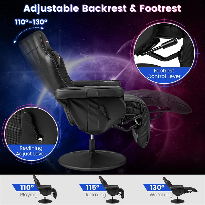Ergonomic Gaming Recliner Chair with Massage, Retractable Footrest & Cup Holder, Height Adjustable Racing Style Swivel Video Game Chair