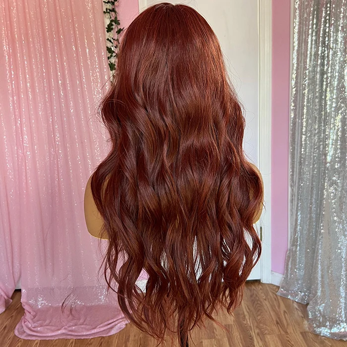 Curtain Bangs Copper Brown Body Wave Human Hair Wig 13x4/5x5 HD Lace Closure Human Hair Wig