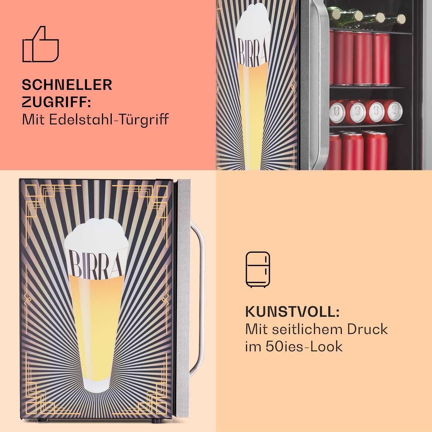 Klarstein Kühlschrank 70L, Kleiner Kühlschrank mit Herausnehmbaren Ablagen, Leiser Mini Kühlschrank mit Glastür & LED, Getränkekühlschrank Klein, Outdoor Geeignet, Biersafe für Flaschen, 0-10°C