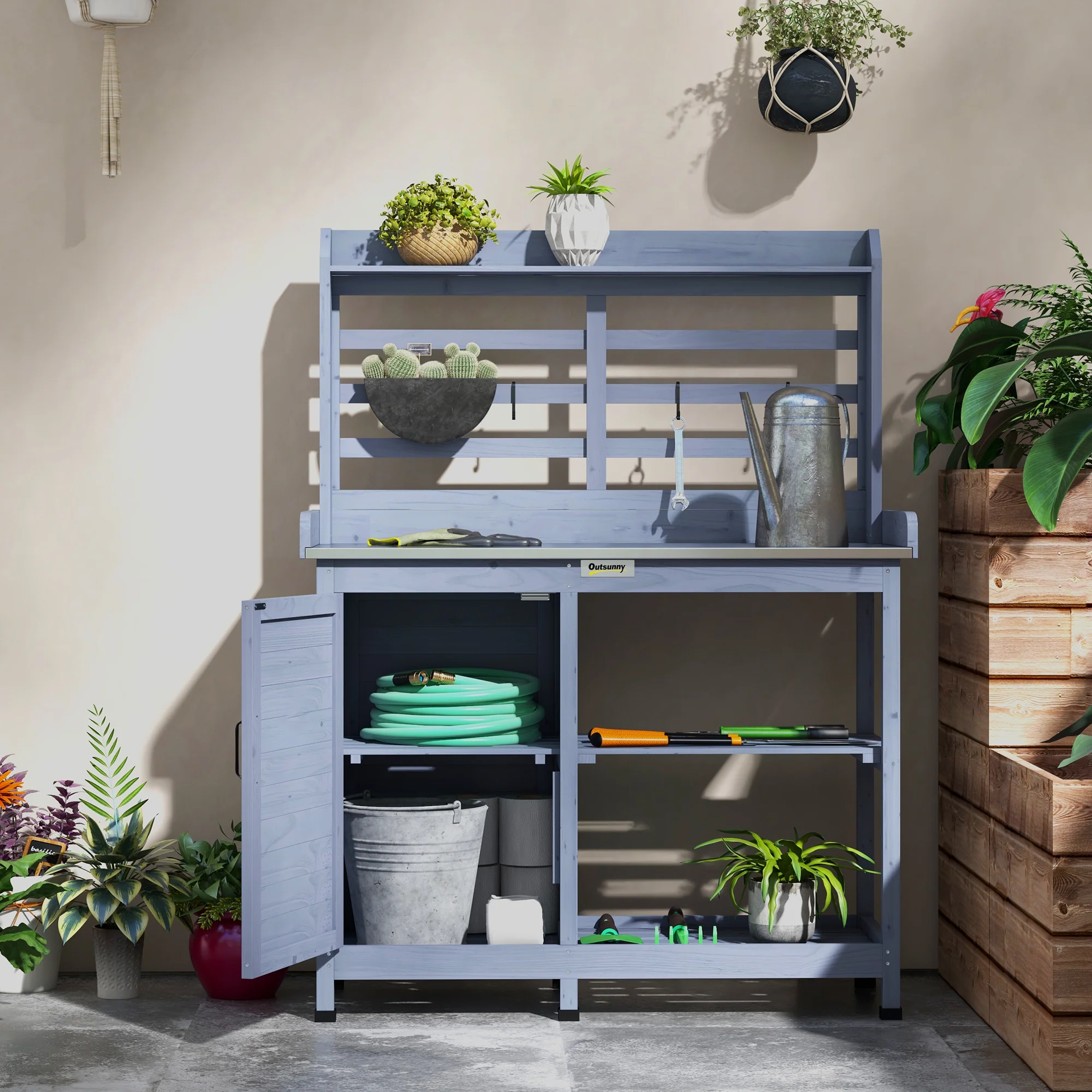 Outsunny Tuinset met opbergkast, aluminium werkblad, opbergruimte, 112x47x146cm, Grijs
