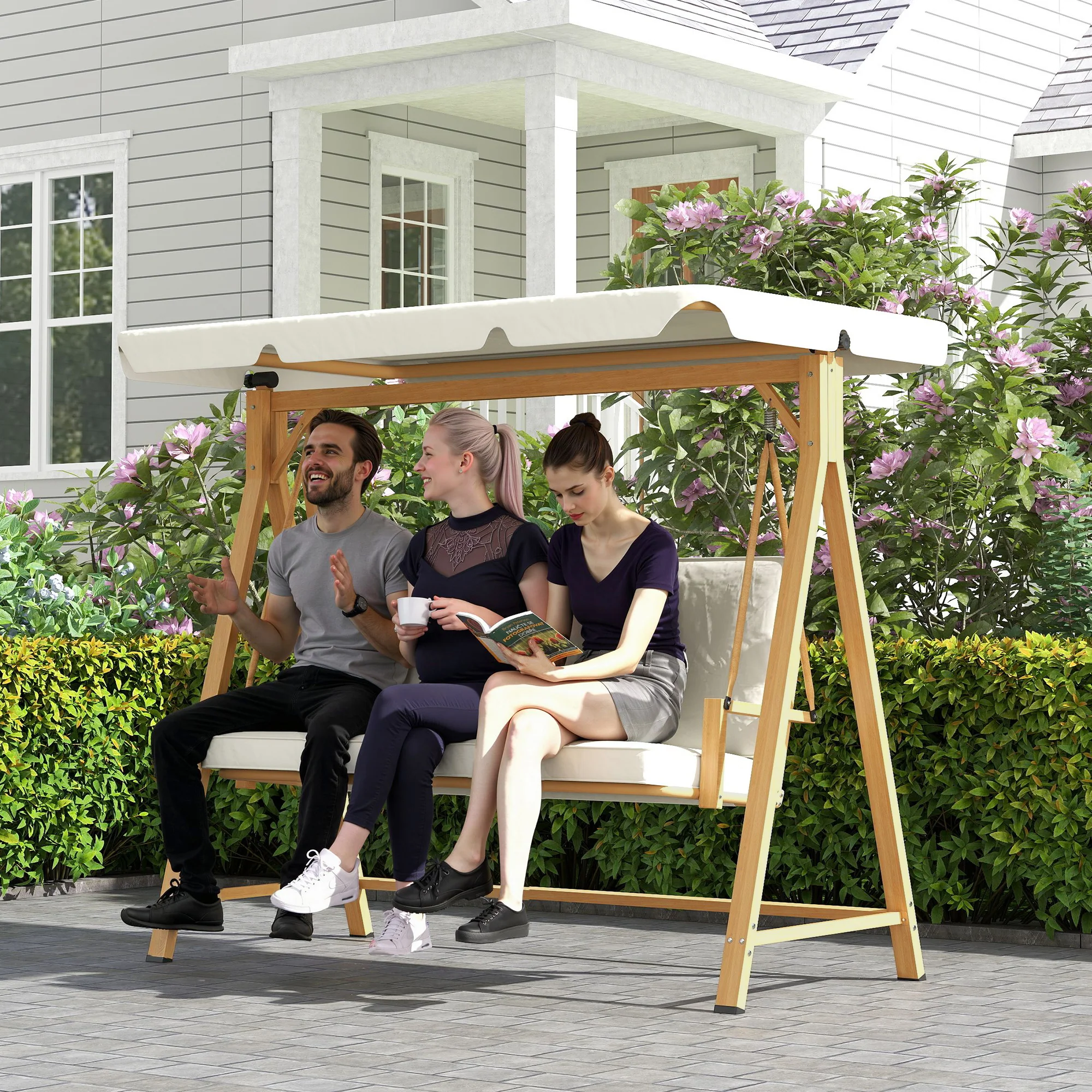 Outsunny Tuinschommel met Verstelbaar Zonnedak en Gewatteerde Zitting, 3-zits tot 330kg, 198 x 120 x 170cm, Beige