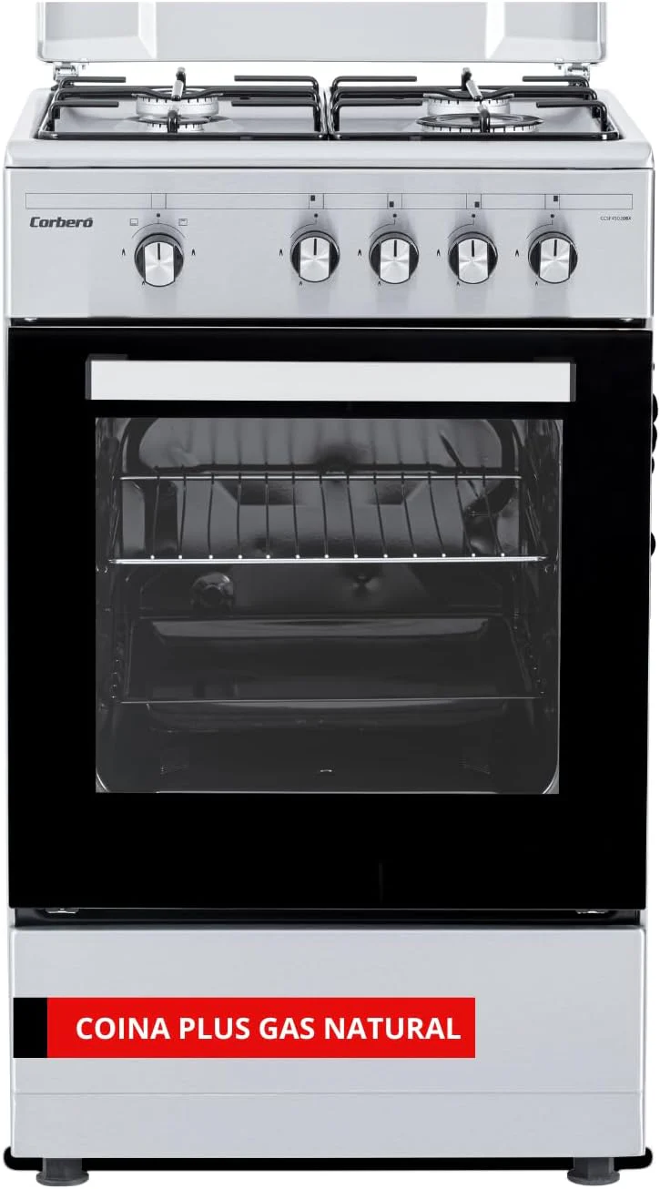 Corberó – Butane Gas Cooker Plus | 50 cm | CCSF45020BX | 4 Burners | Oven 43L with Double Glass Door | Metal Lid | Chrome Tray and Grill | Automatic Safety Shut-off | Stainless Steel