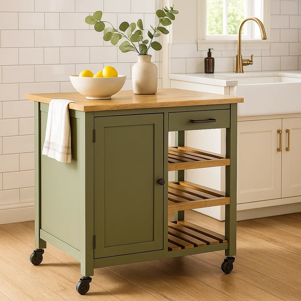 Kkken, rektangulr form, grn MDF-tr, med bordplade i lyst tr, med hjul, skuffe, bne hylder og skab, 90x45x89 cm, til privat brug - X88KKKYXm8II