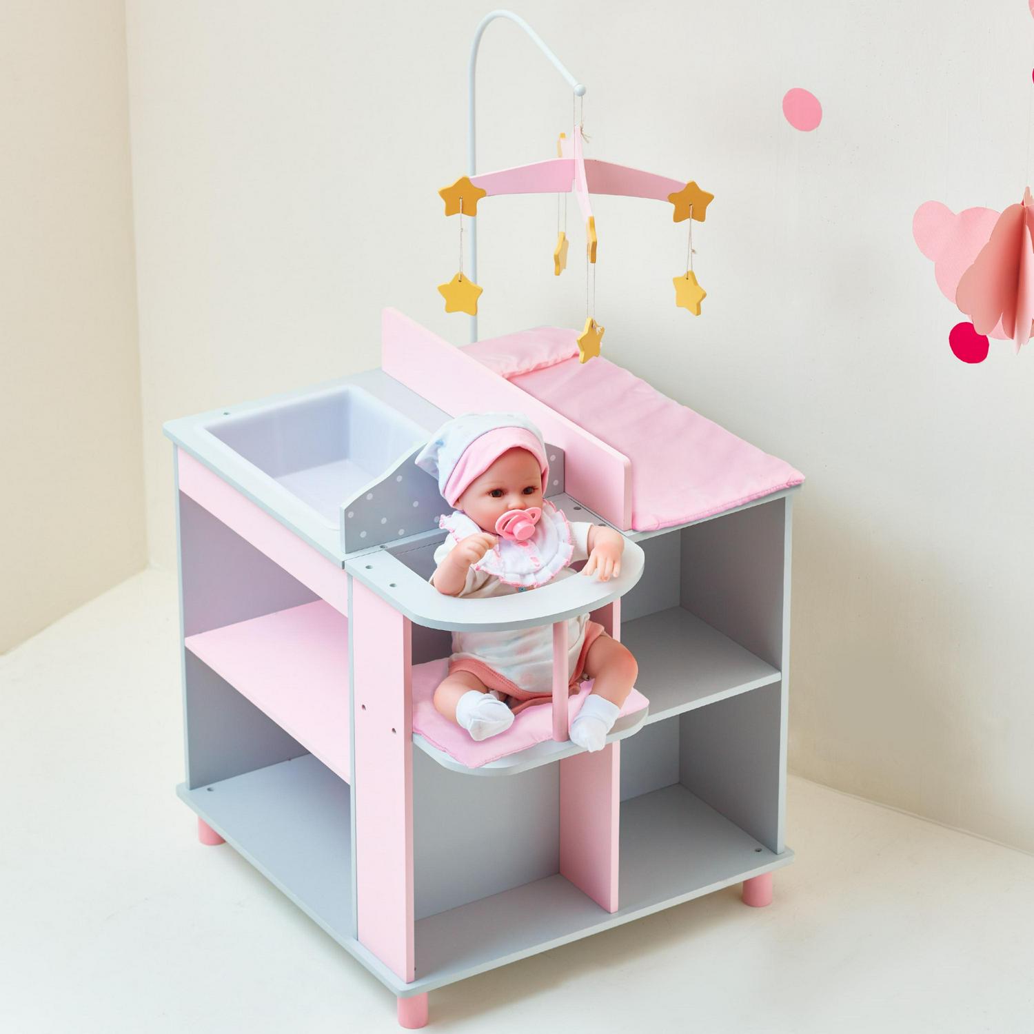 Olivia’s Little World Kids Polka Dots Princess Baby Doll Changing Station with Storage, Gray/Pink