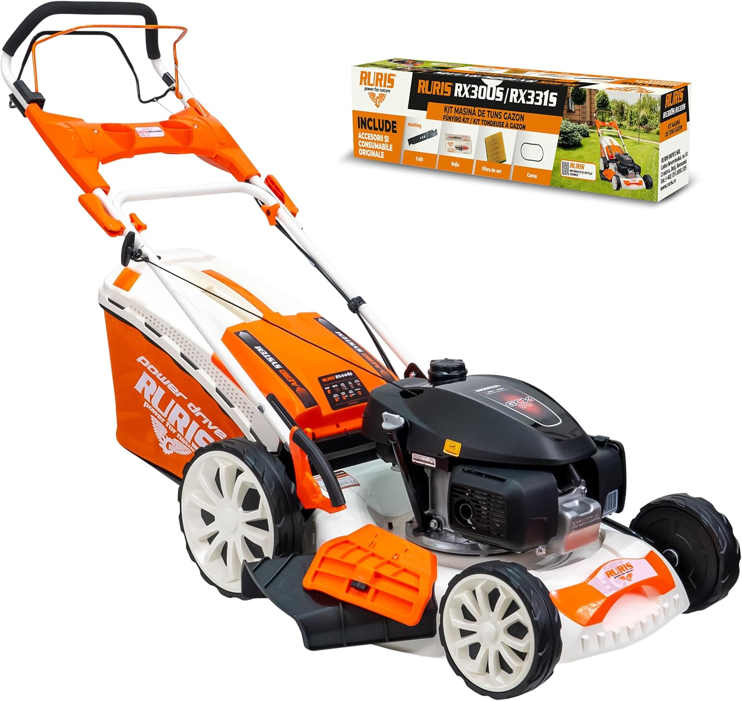 RURIS Tondeuse à Gazon Thermique RX444S, Moteur Honda 4,6 CV, 510 mm, Sac 65 L, 5 Fonctions : Ramassage, Éjection Arrière et Latérale, Mulching, Autonettoyage, Autopropulsée, Kit Inclus