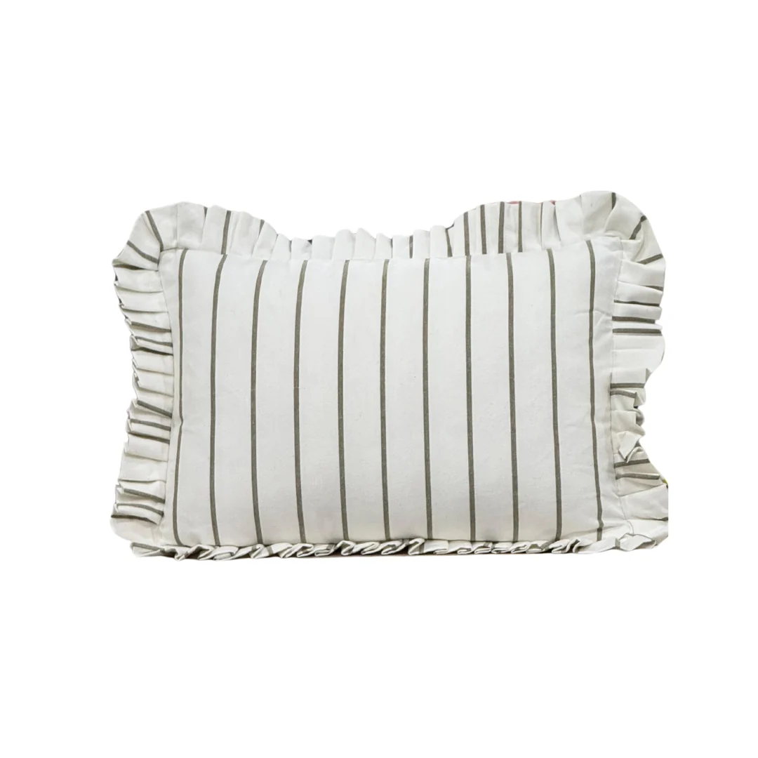 Ruffle Lumbar Pillow Cover White Olive Green Pin Stripes