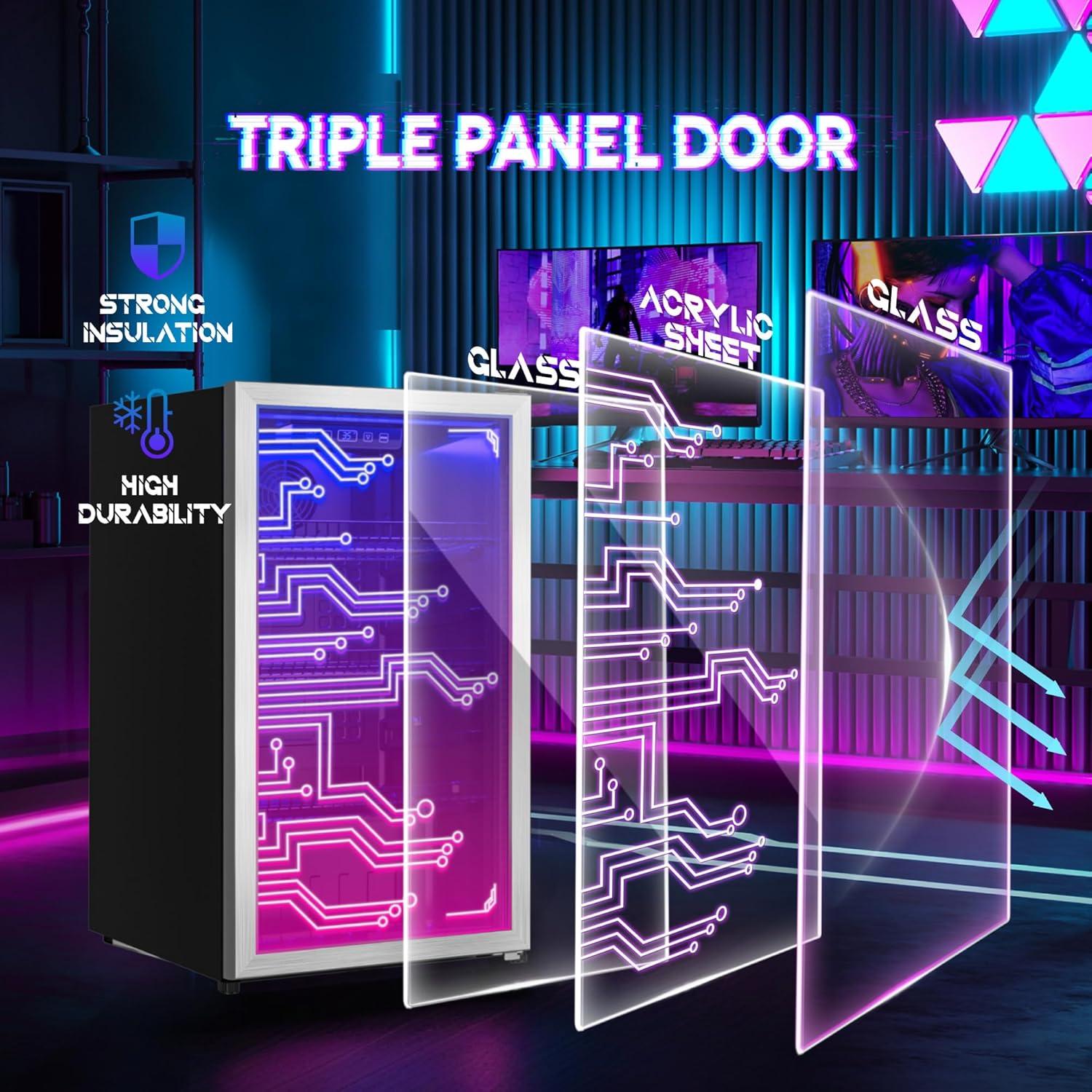 Gaming LED Beverage Refrigerator, 120 Cans, Cyberpunk Style