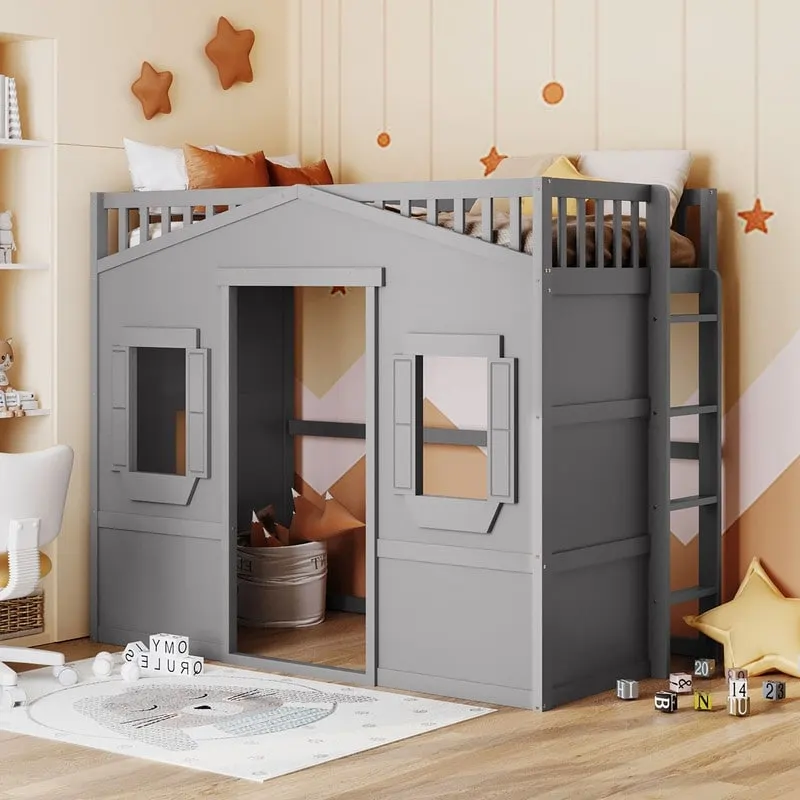 House Loft Bed Twin Kids Playhouse Bed, Solid Wood Loft Bed Frame with Window and Ladder