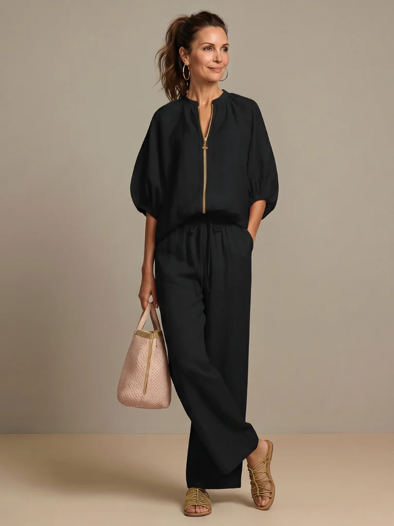 Women��s Two-Piece Zip Front Blouson Top and Wide Leg Trousers Set