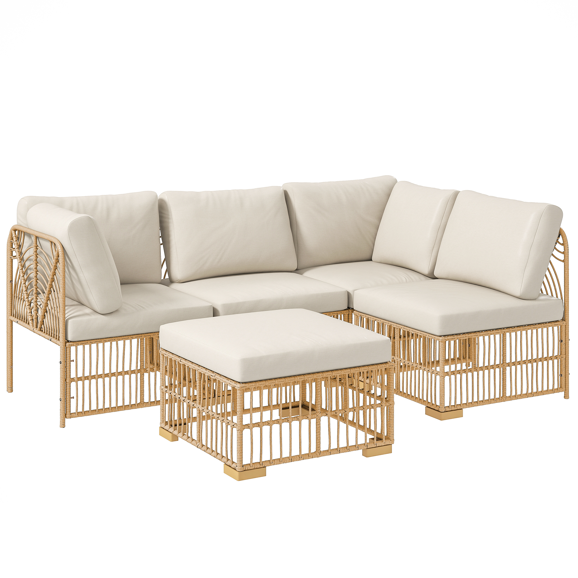 Outsunny 5-delige Tuinmeubelset, 2 Hoekstoelen, 2 Middelstoelen, Voetenbank, Zitkussens, Rugkussens, Lichtbruin+Cremewit