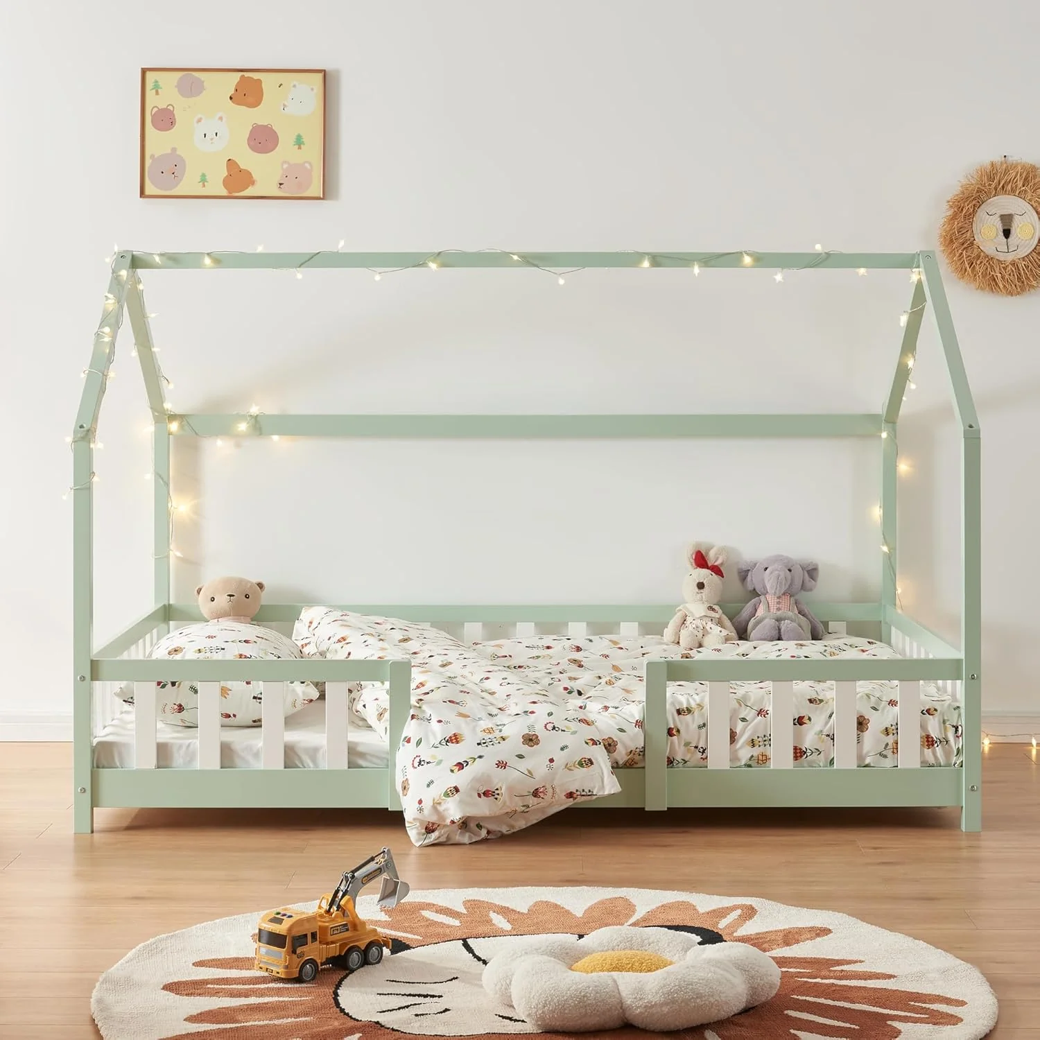 [en.casa] Letto per bambini Sisimiut a capanna 80 x 160 cm con protezione anticaduta letto in legno per bambini letto a terra rete a doghe in legno di pino Bianco opaco