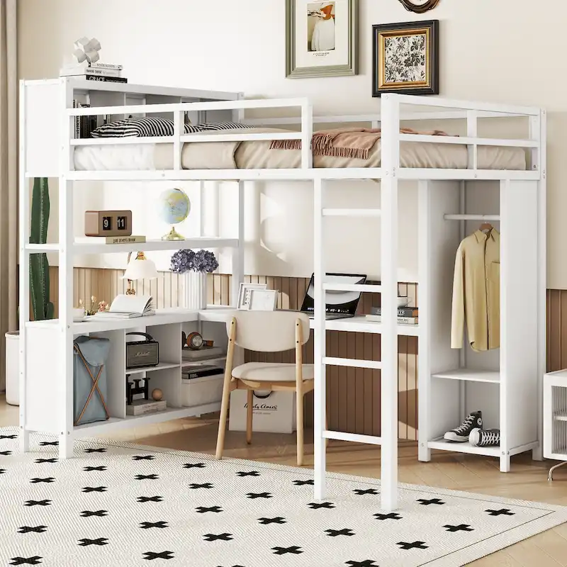 Off-White Metal Loft Bed with Desk and Wardrobe - Full Size