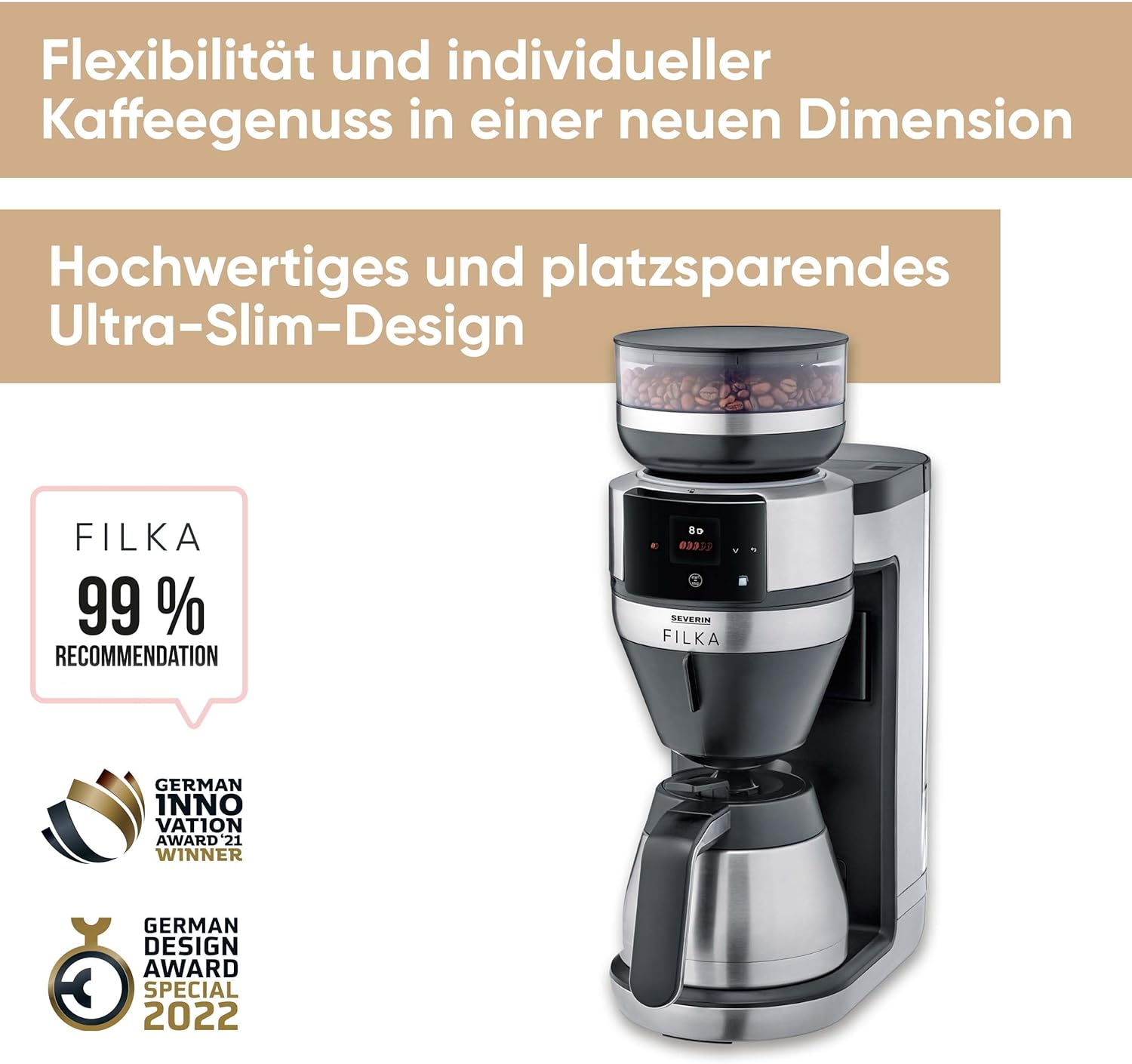 SEVERIN Filka, Vollautomat für Filterkaffee, 5-in-1 Filterkaffeemaschine mit LED-Display, Mahlwerk, mit Thermokanne, schwarz-matt, Edelstahl, KA 4853
