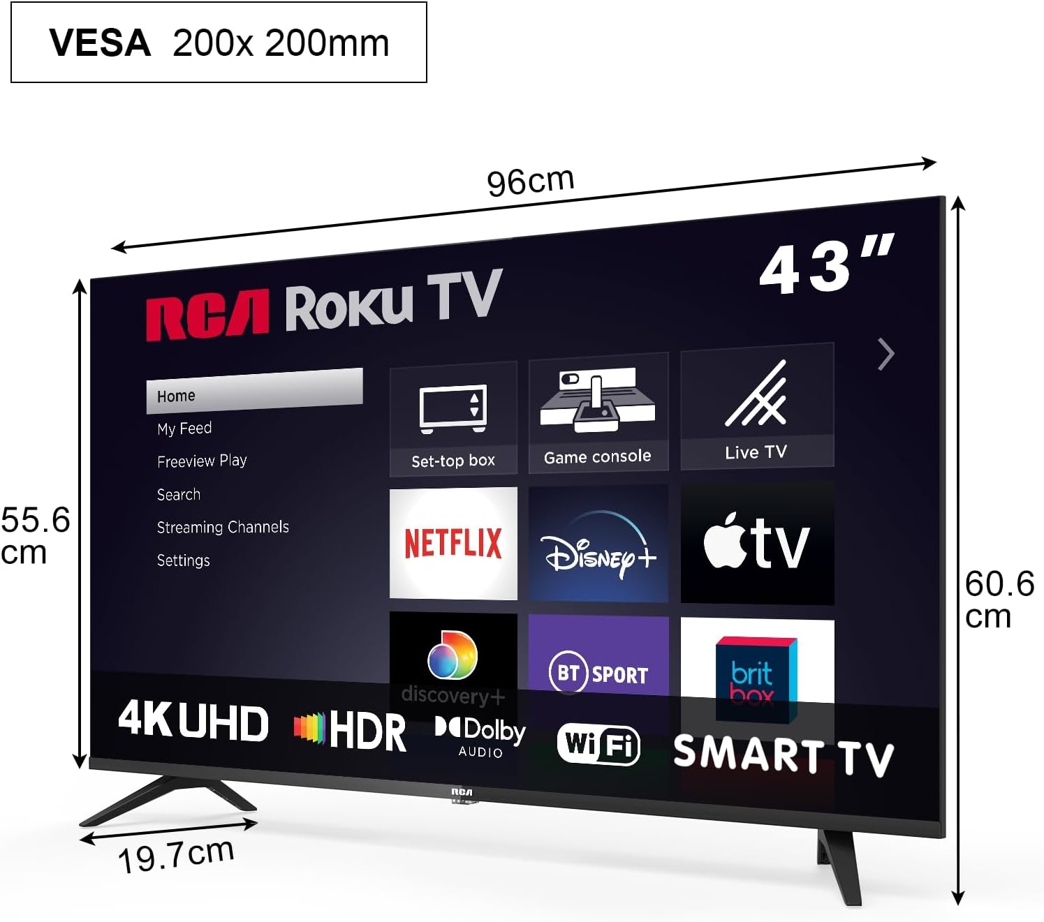 RCA Fernseher 43 Zoll (108 cm), UHD 4K Smart TV mit WLAN, Triple Tuner (DVB-C/S/S2/T/T2), HDR10 HLG, RK43UN1, 2024 (Nur für Deutschland)